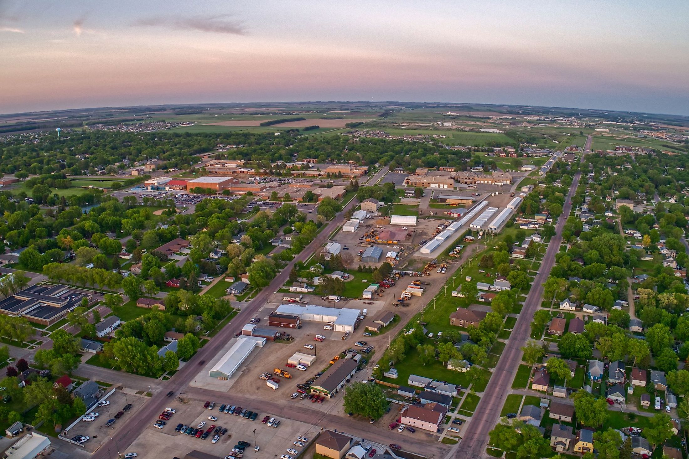 Aerial view of Watertown, South Dakota during a summer sunset. 