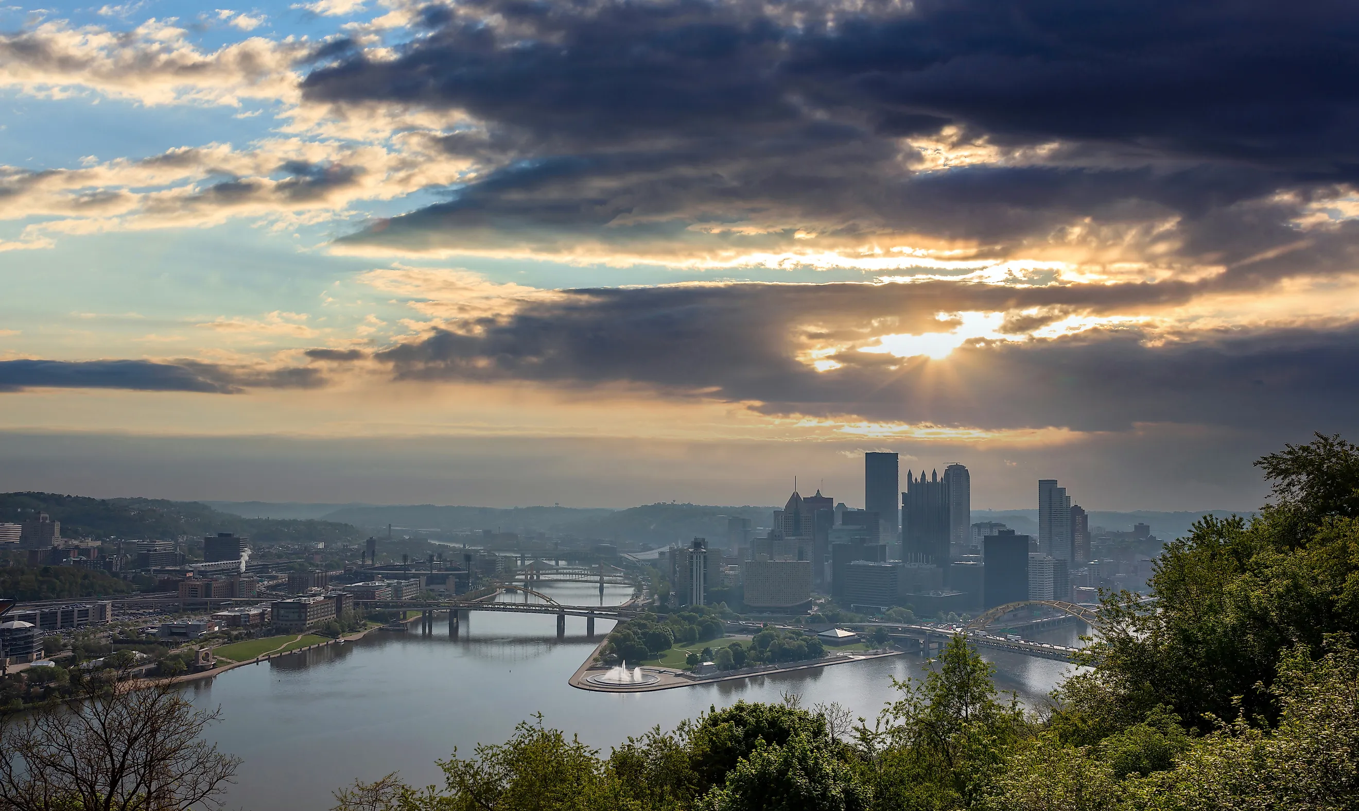 Pittsburgh city downtown aerial view on cloudy day from Point of view park