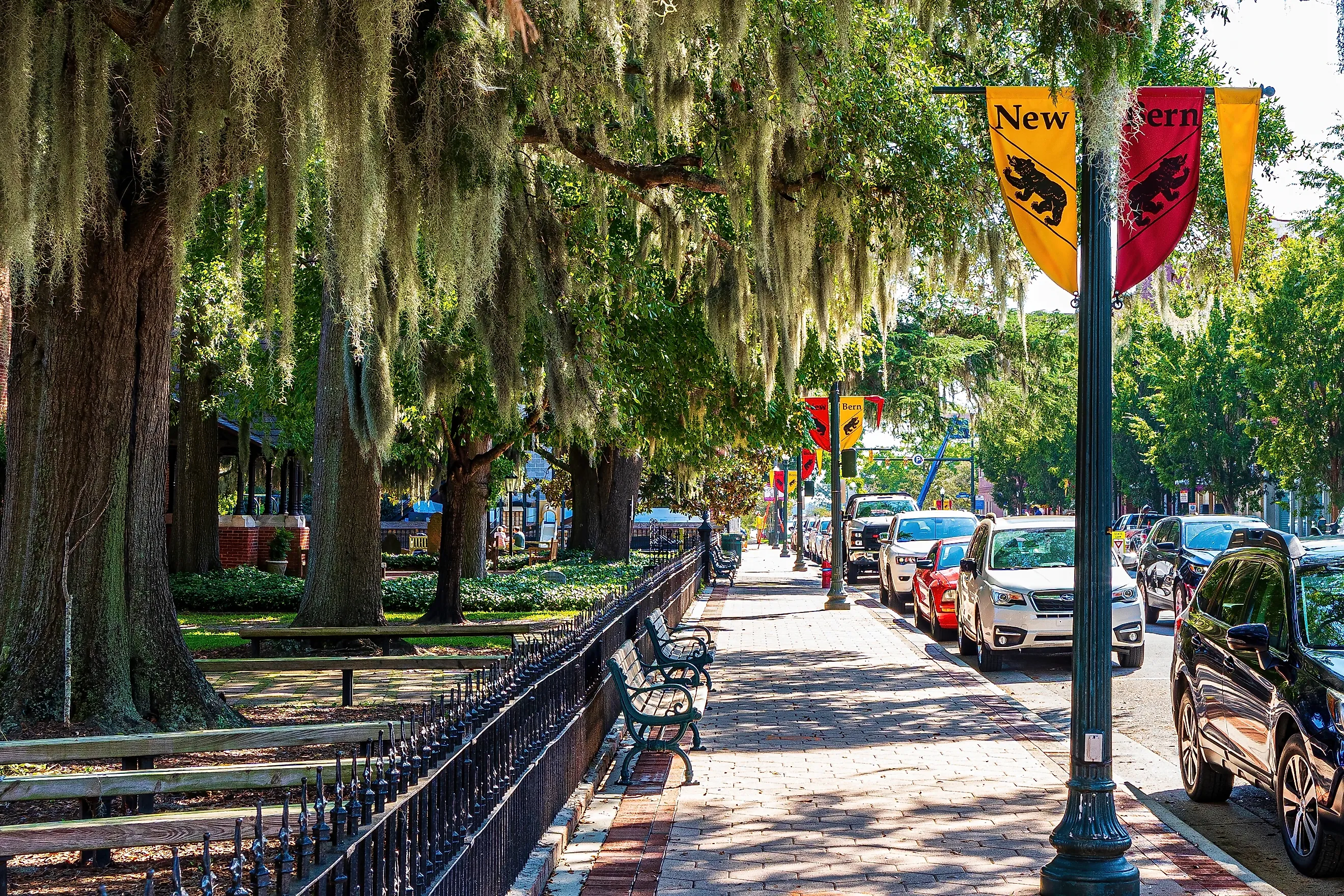 Spanish moss overhangs a sidewalk in New Bern, North Carolina. Image credit: Wileydoc / Shutterstock.com. 