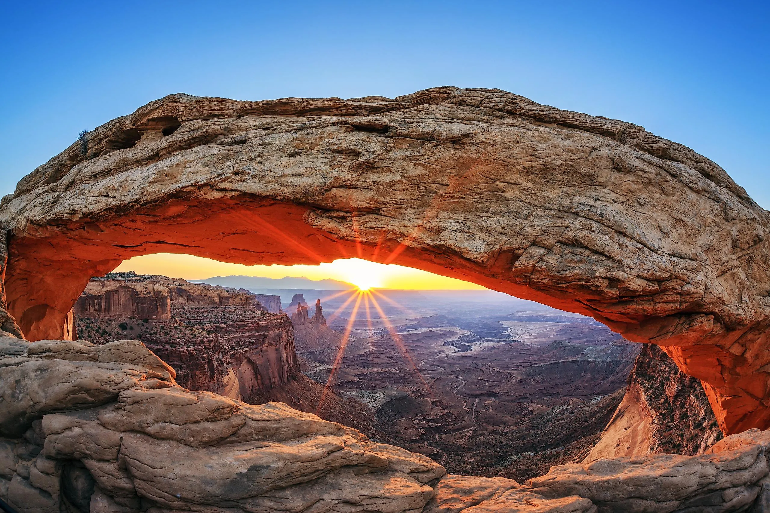 Sunrise at Mesa Arch in Canyonlands National Park in Utah.