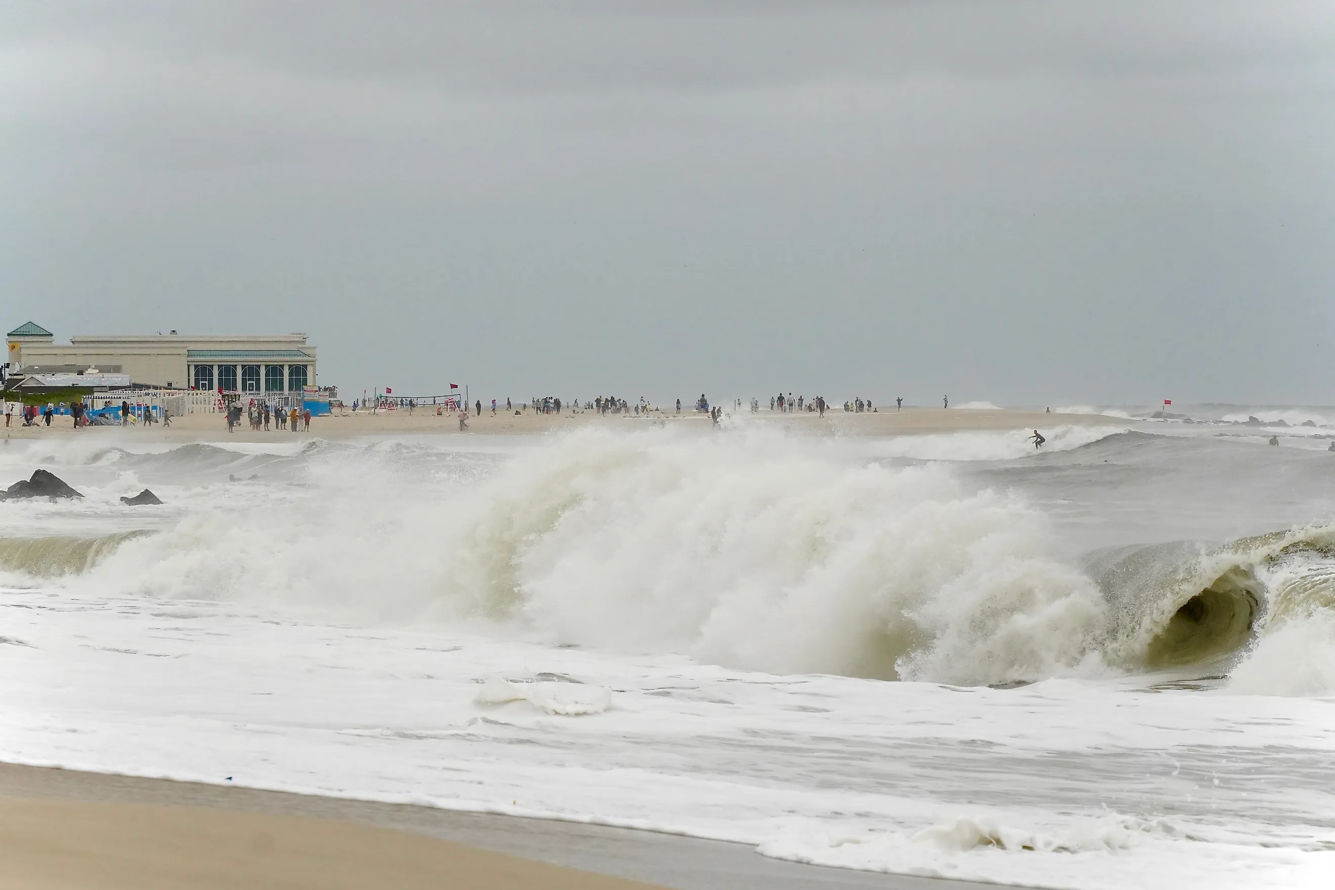 Rough seas, rip currents and high winds caused by Hurricane Erin batter and flood Cape May's iconic Atlantic coast beaches, Editorial credit: George Wirt / Shutterstock.com