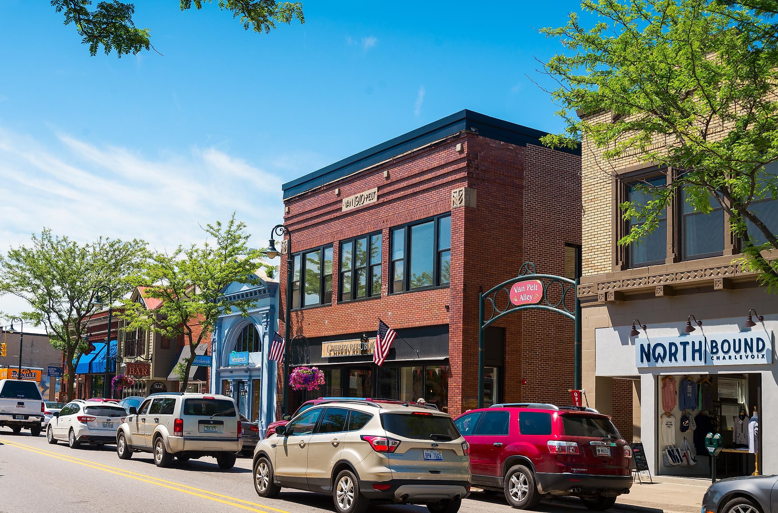 Charlevoix, Michigan: Bridge Street with many upscale shops across the Charlevoix Marina