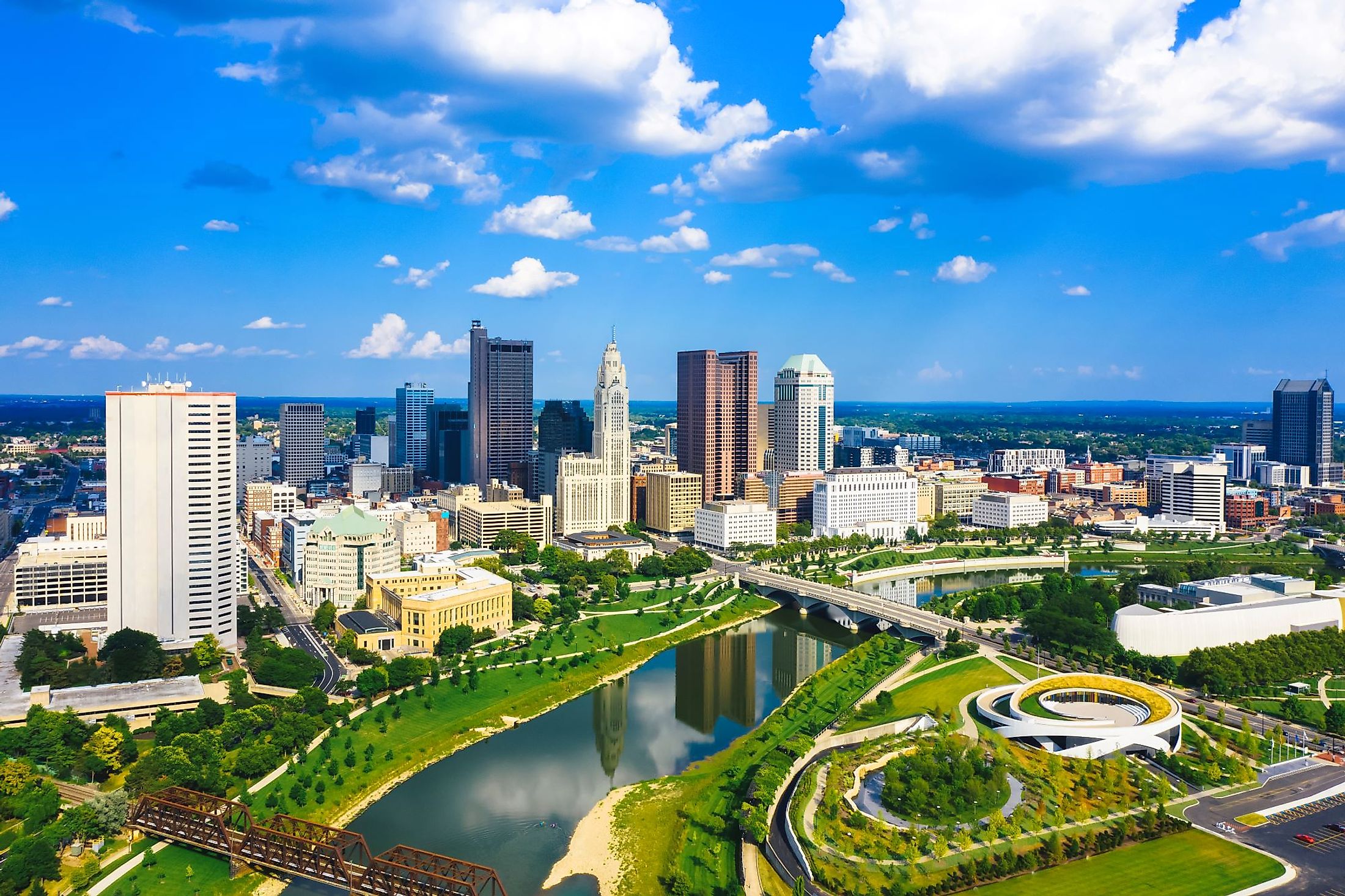 Aerial view of Downtown Columbus, Ohio, with Scioto River