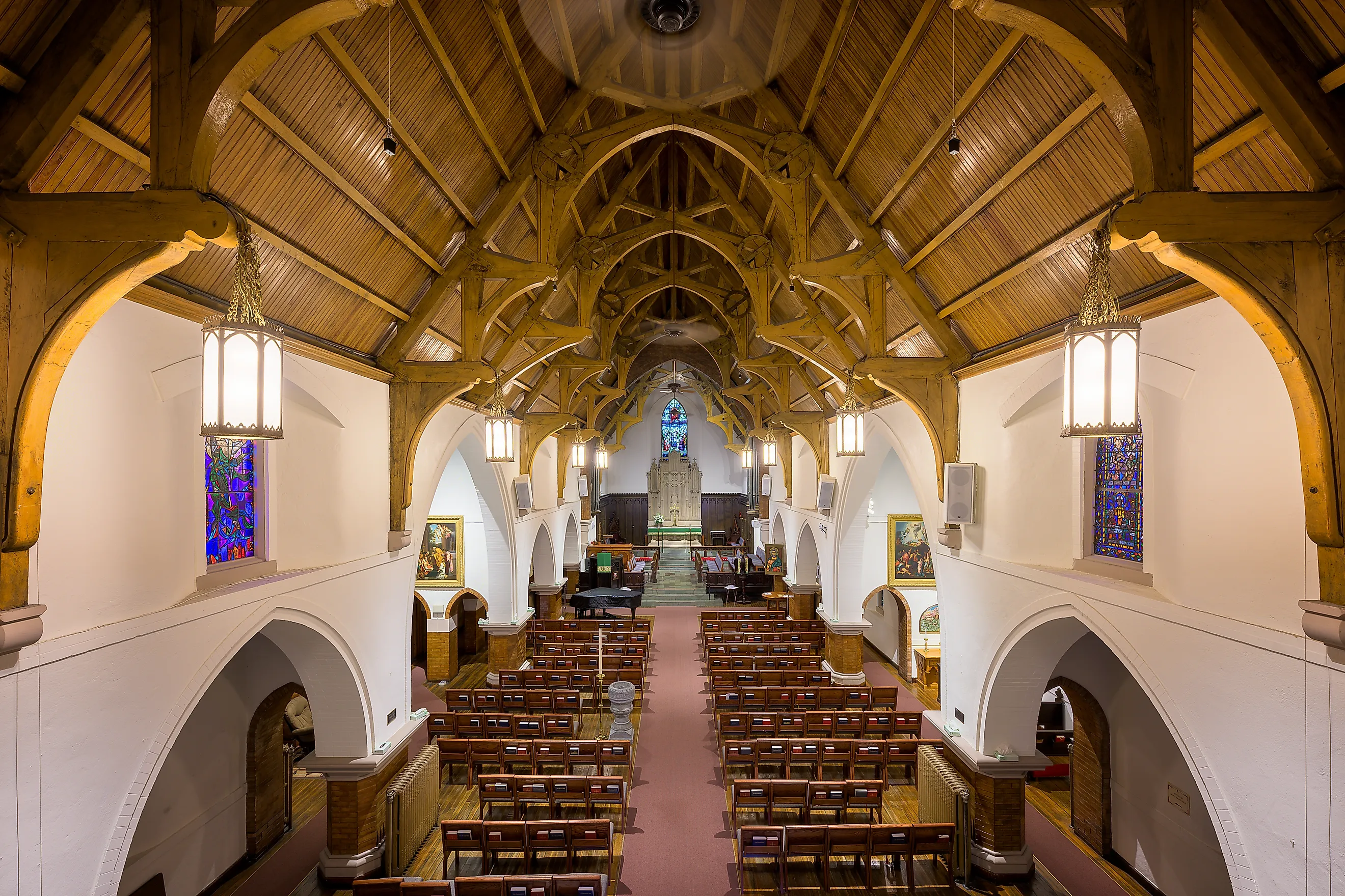 Interior nave of the historic St. Matthew's Episcopal Cathedral in Laramie, Wyoming. Image by Nagel Photography via Shutterstock.