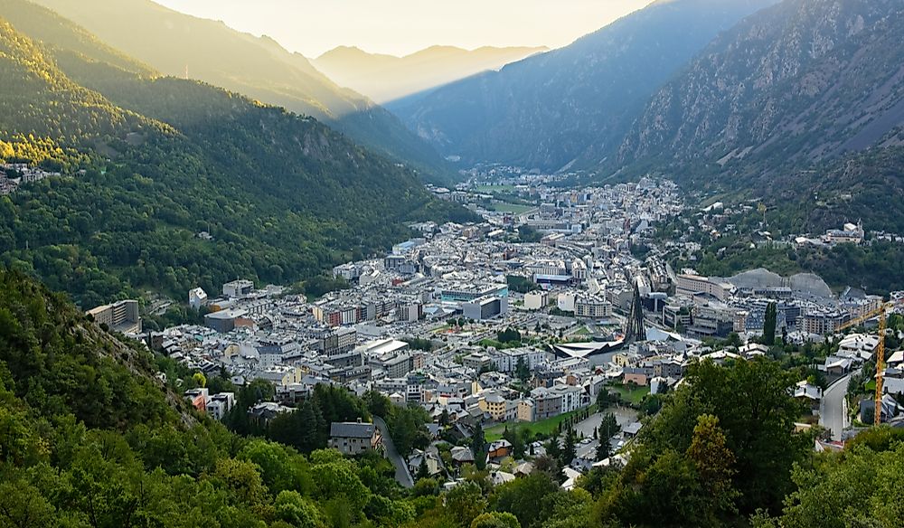 The capital, Andorra La Vella nestled in the East Pyrenees Mountains.