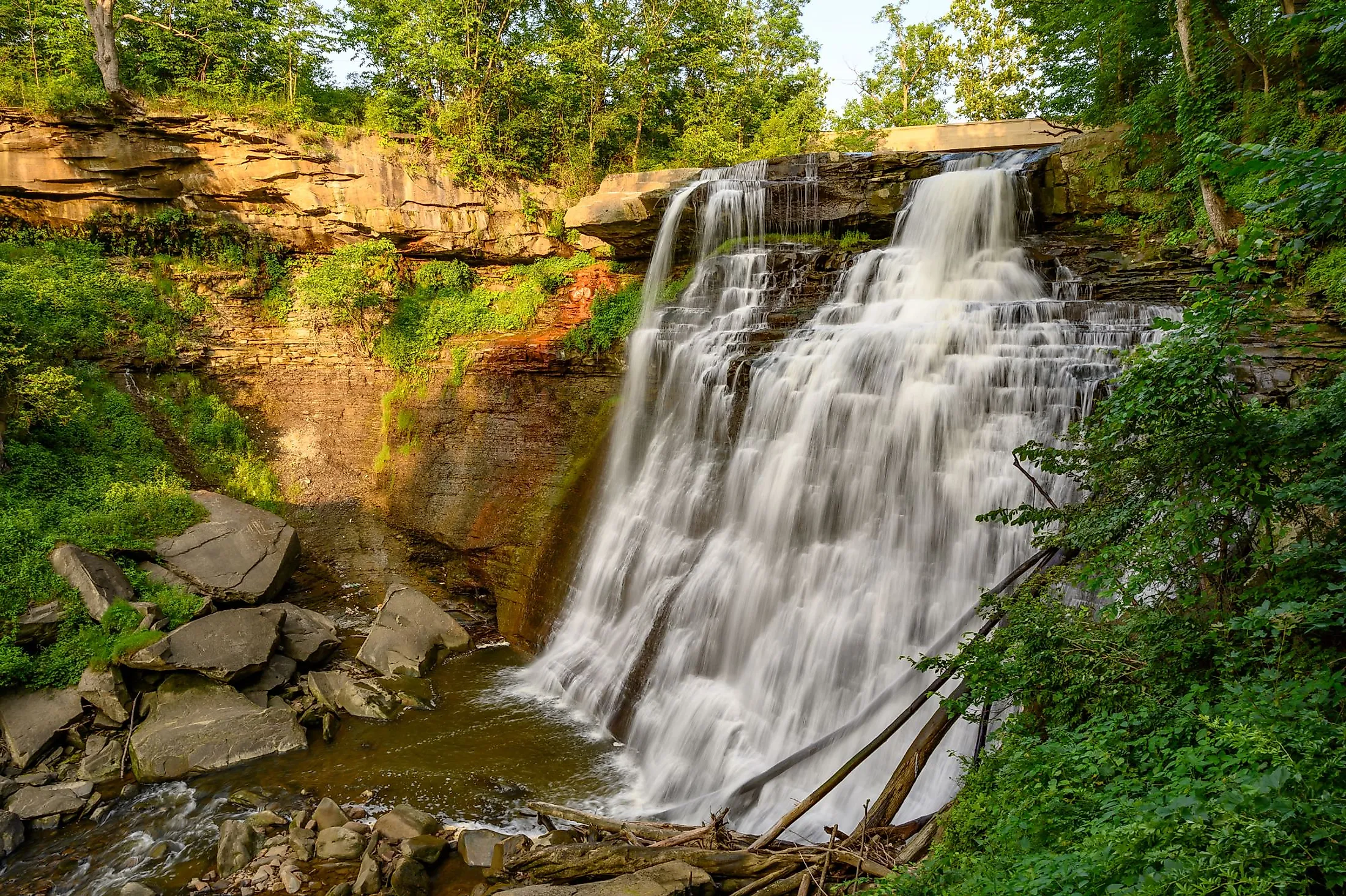 Brandywine Falls in Cuyahoga Valley National Park, Ohio at dusk in summer.