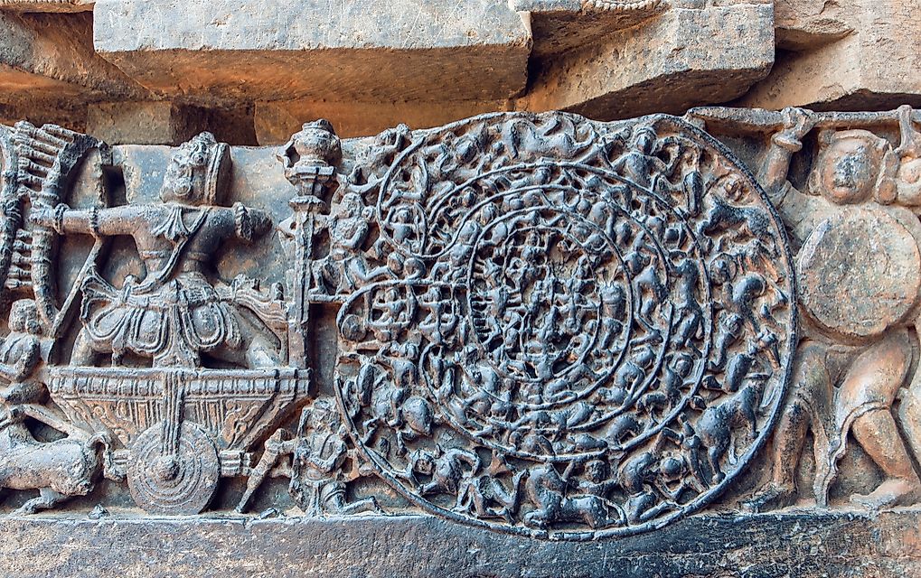 A carving depicting the Kurukshetra War, which is the inspiration of the Mahabharata epic poem.
