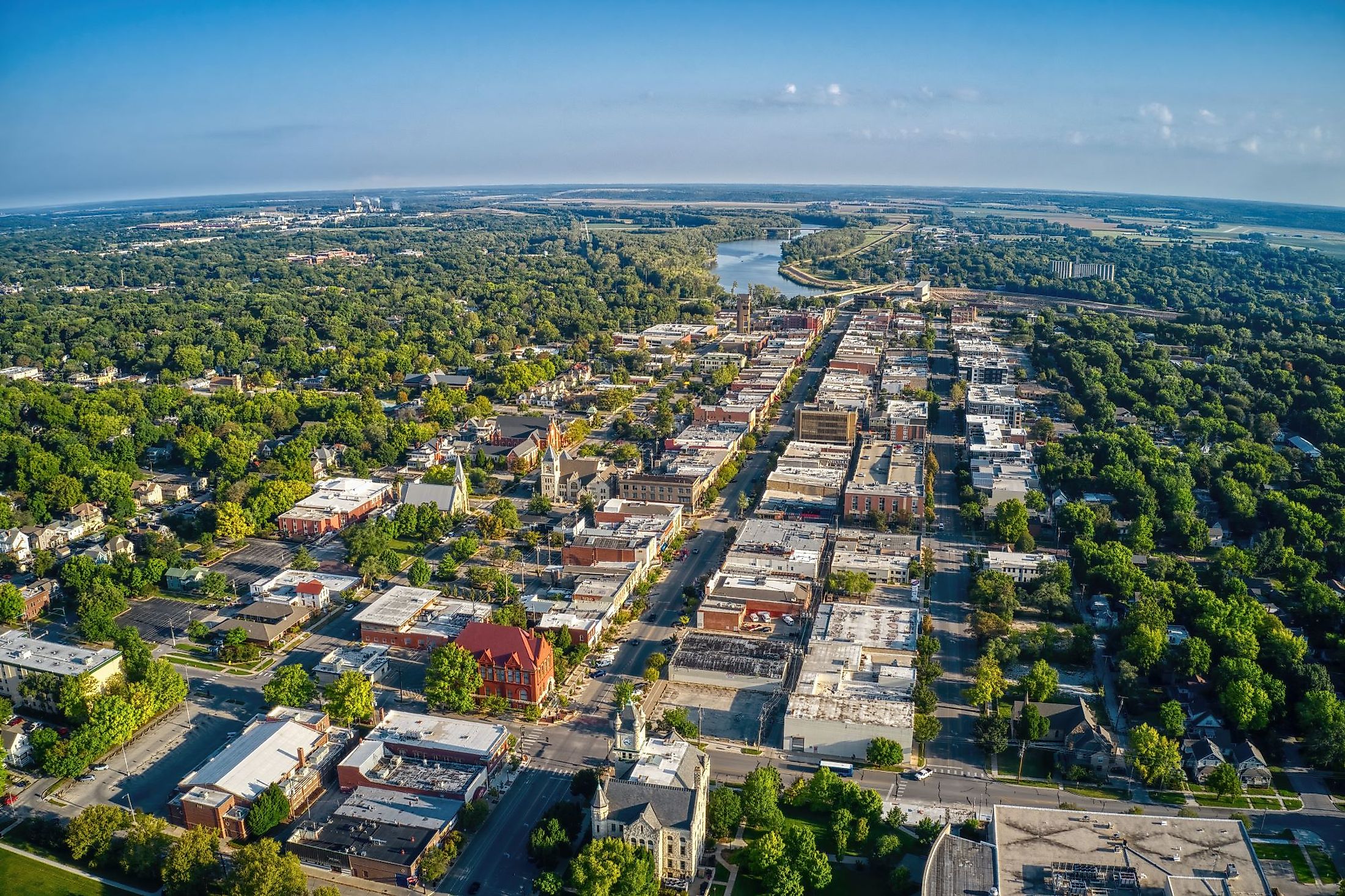 Aerial view of Lawrence, Kansas and its State University. 