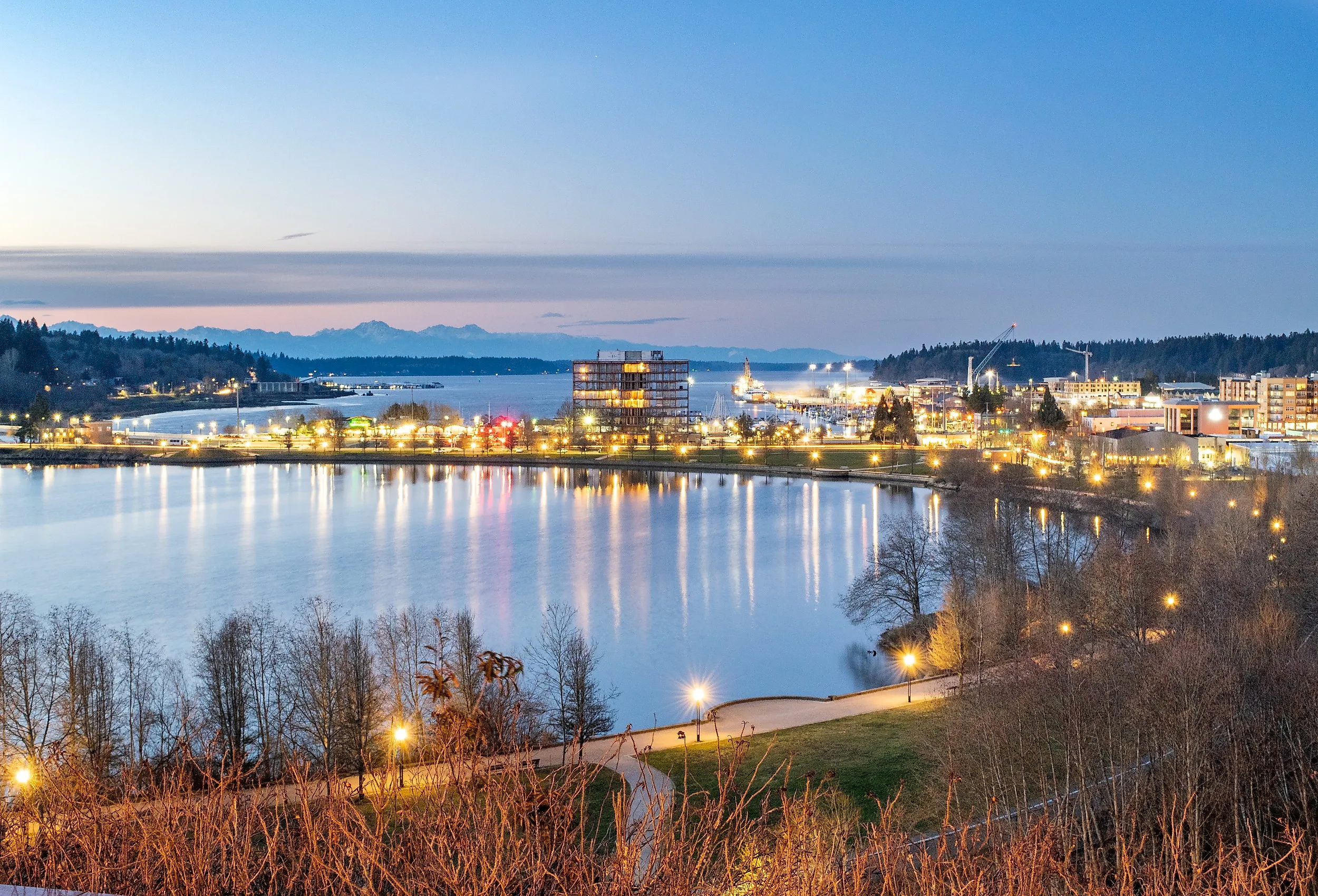 Aerial View of Olympia and Puget Sound at dusk in Olympia, Washington. Image credit Nate Hovee via AdobeStock.