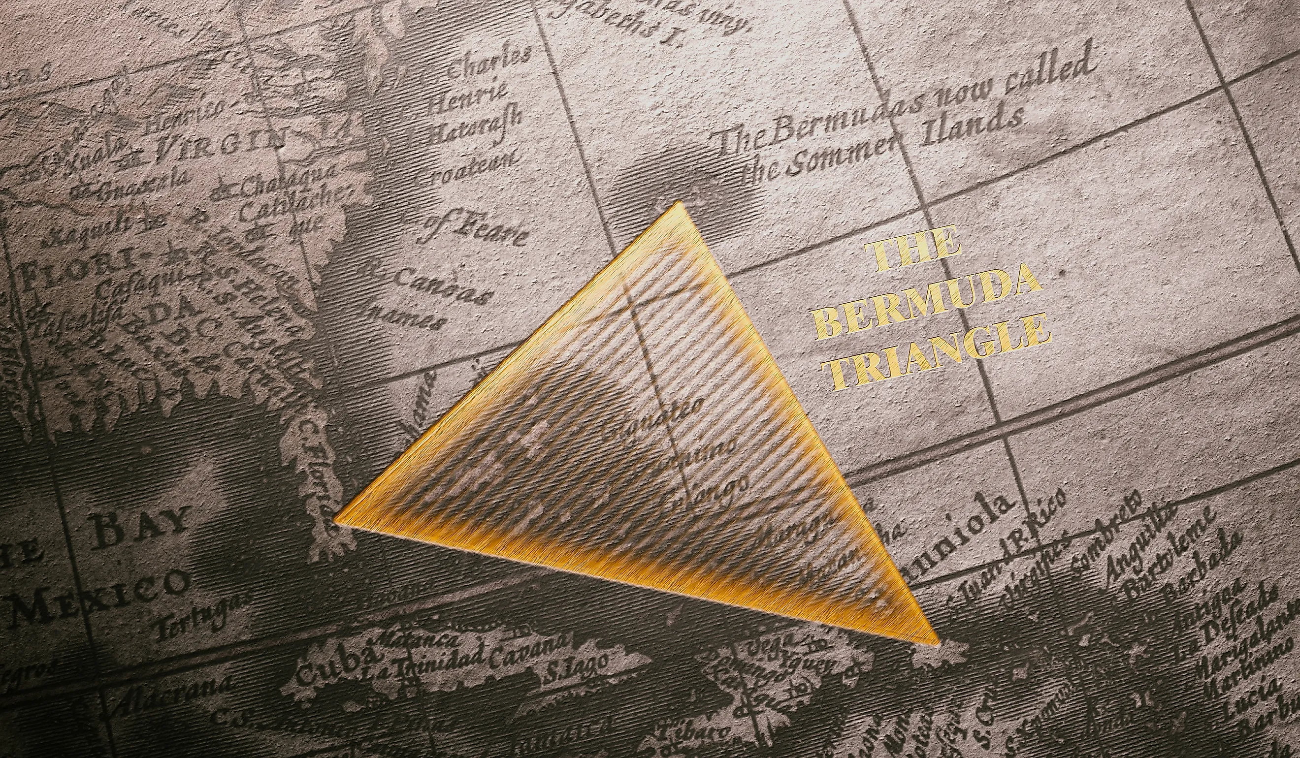 A meticulously detailed old map featuring the Atlantic Ocean prominently marks the mystifying Bermuda Triangle.