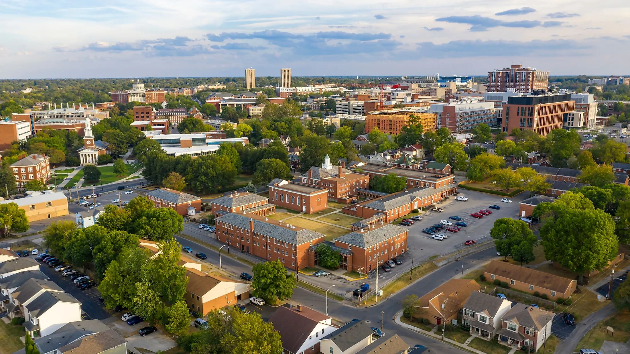 Aerial view of an university campus area looking into the city suburbs in Lexington, Kentucky. 