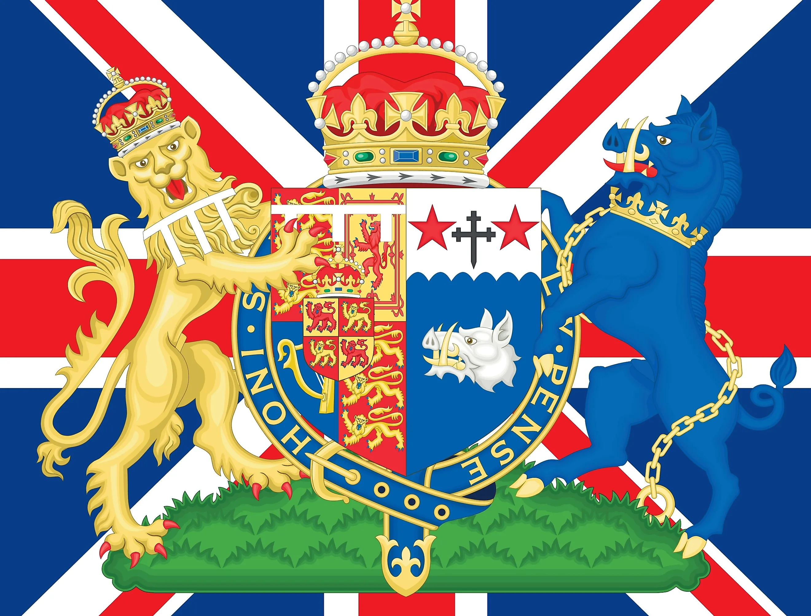 Camilla coat of arms on the United Kingdom flag, Queen Consort of the King Charles Third, 2022. Image credit Fabrizio Annovi via Shutterstock