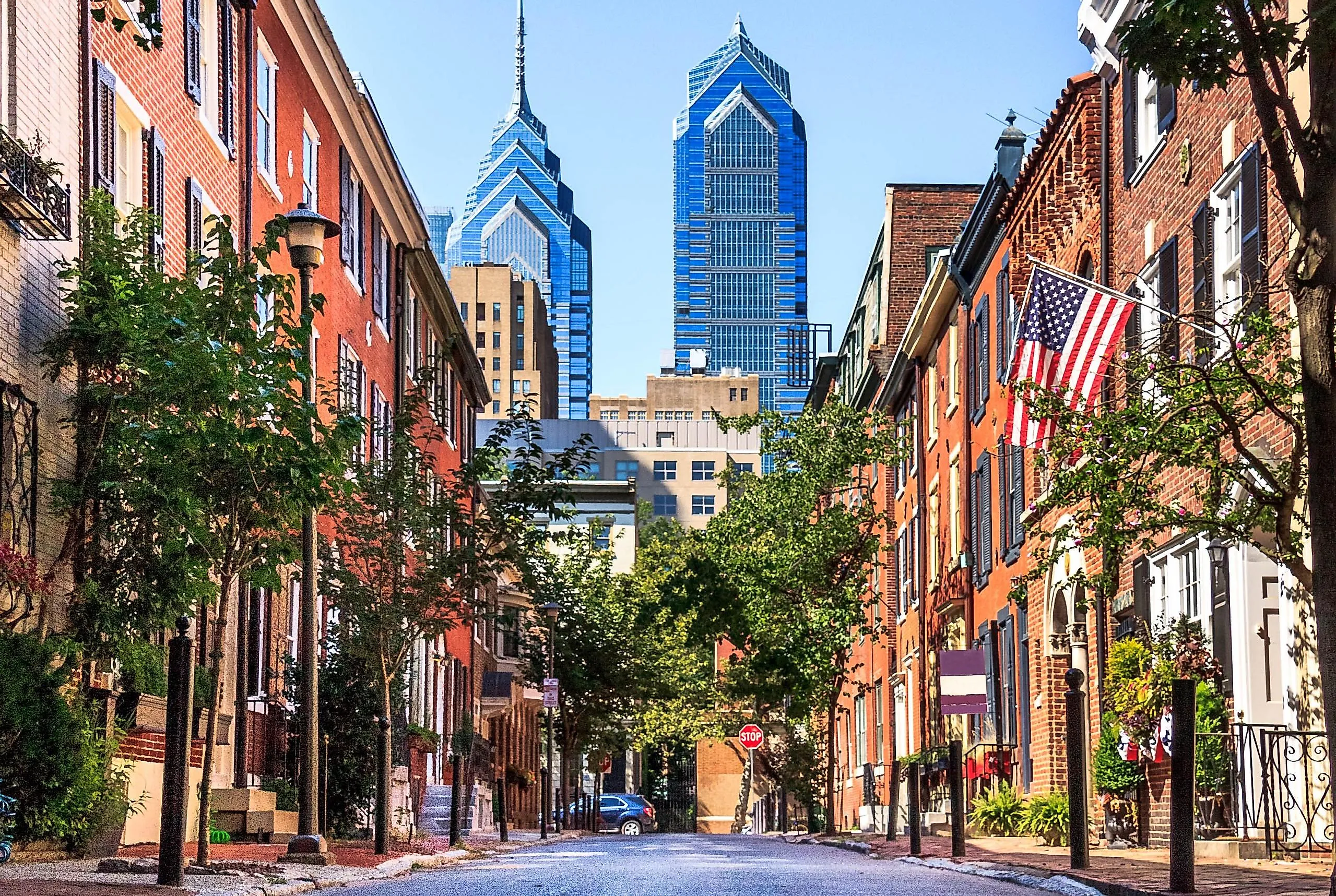 A narrow street in Philadelphia, Pennsylvania. Philadelphia is one of the best cities in the state for retirees. 