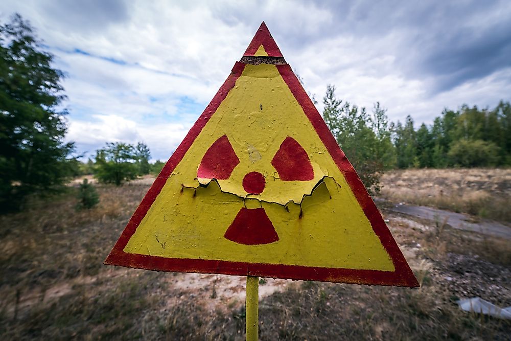 A sign warning of the radiation in Pripyat, Ukraine. Pripyat was the site of the worst nuclear disaster of all time.