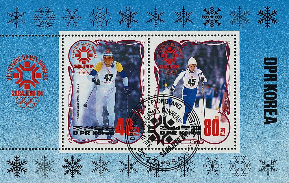 A stamp from North Korea celebrating olympic athletes. Editorial credit: rook76 / Shutterstock.com.