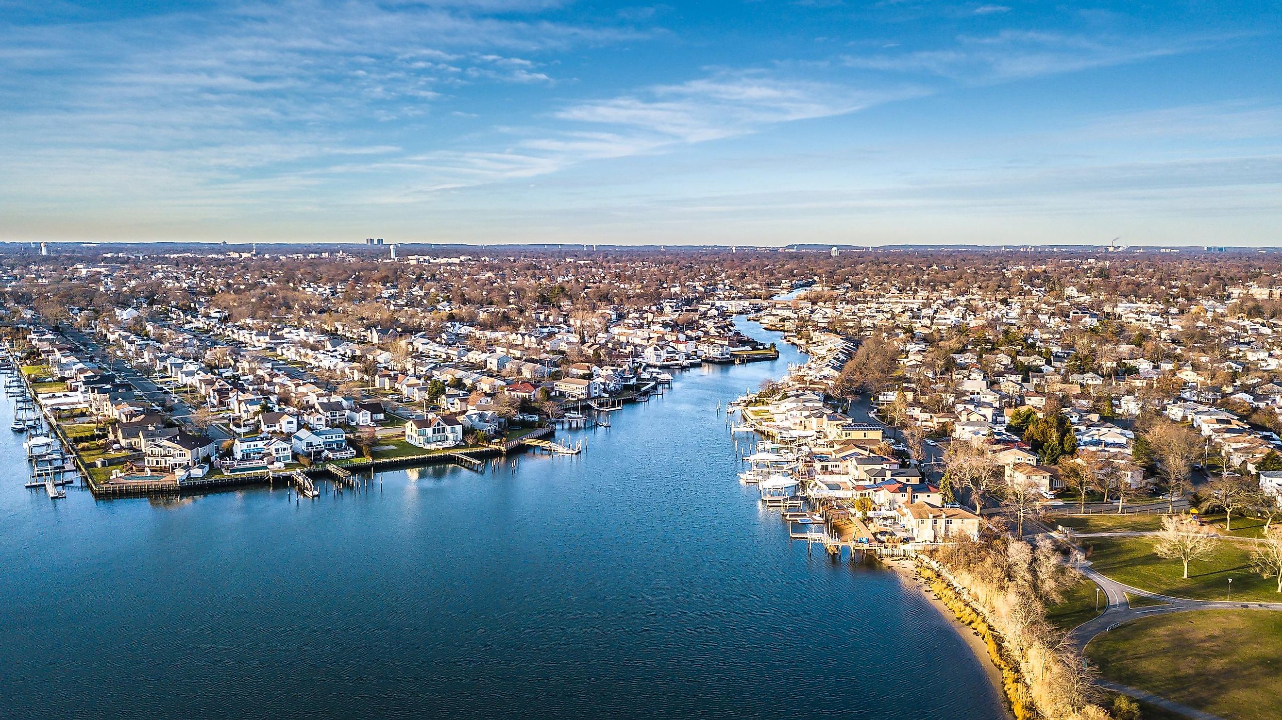 Aerial drone image of Long Island at sunset.