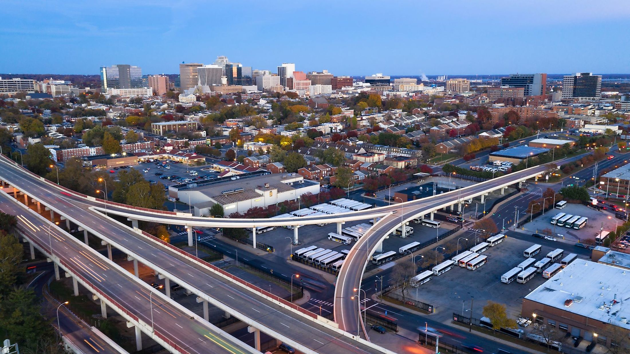 Aerial view of Wilmington, Delaware, downtown city skyline, bus station and highways. 