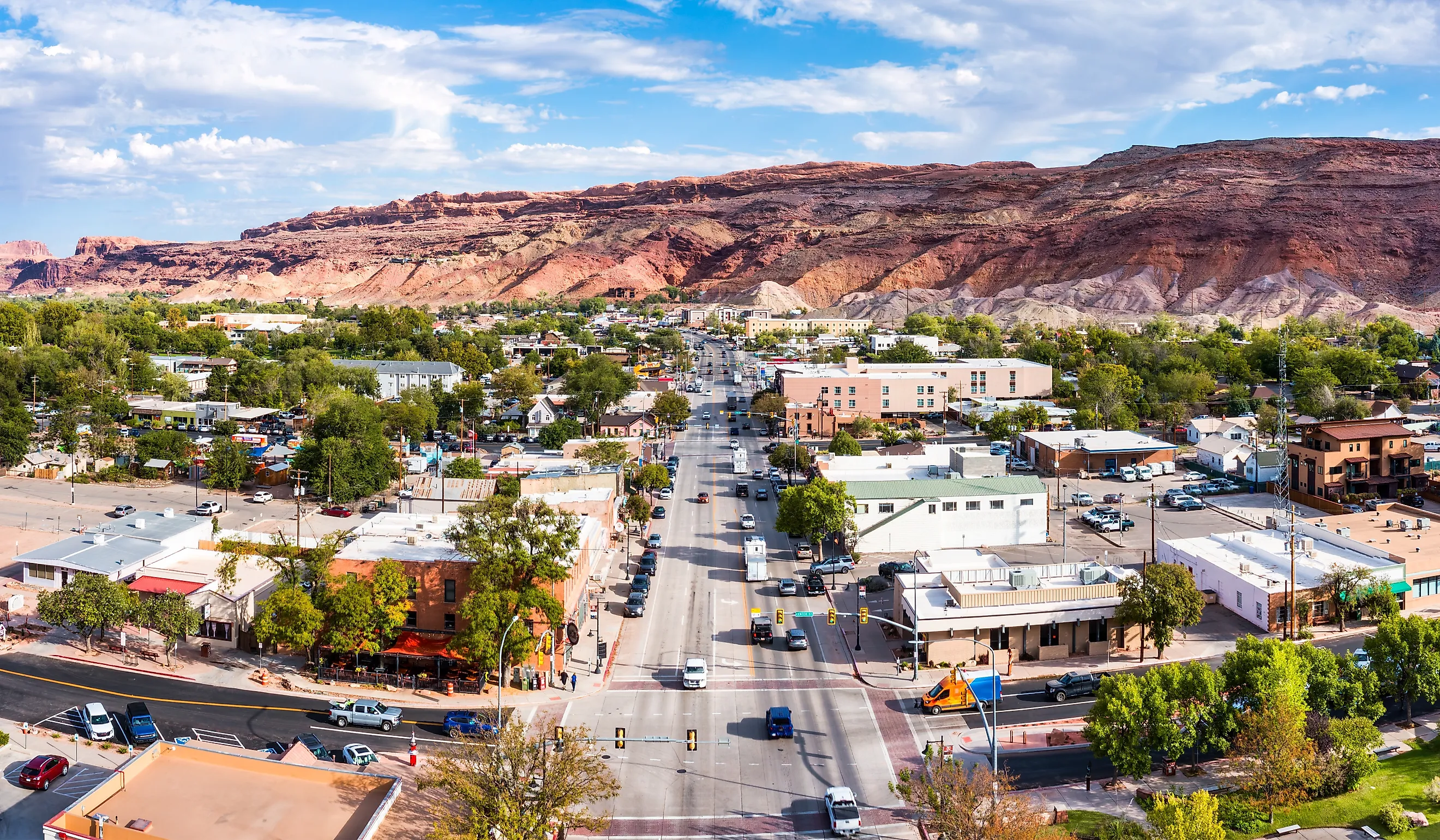Aerial view of Moab, Utah, along Main Street.