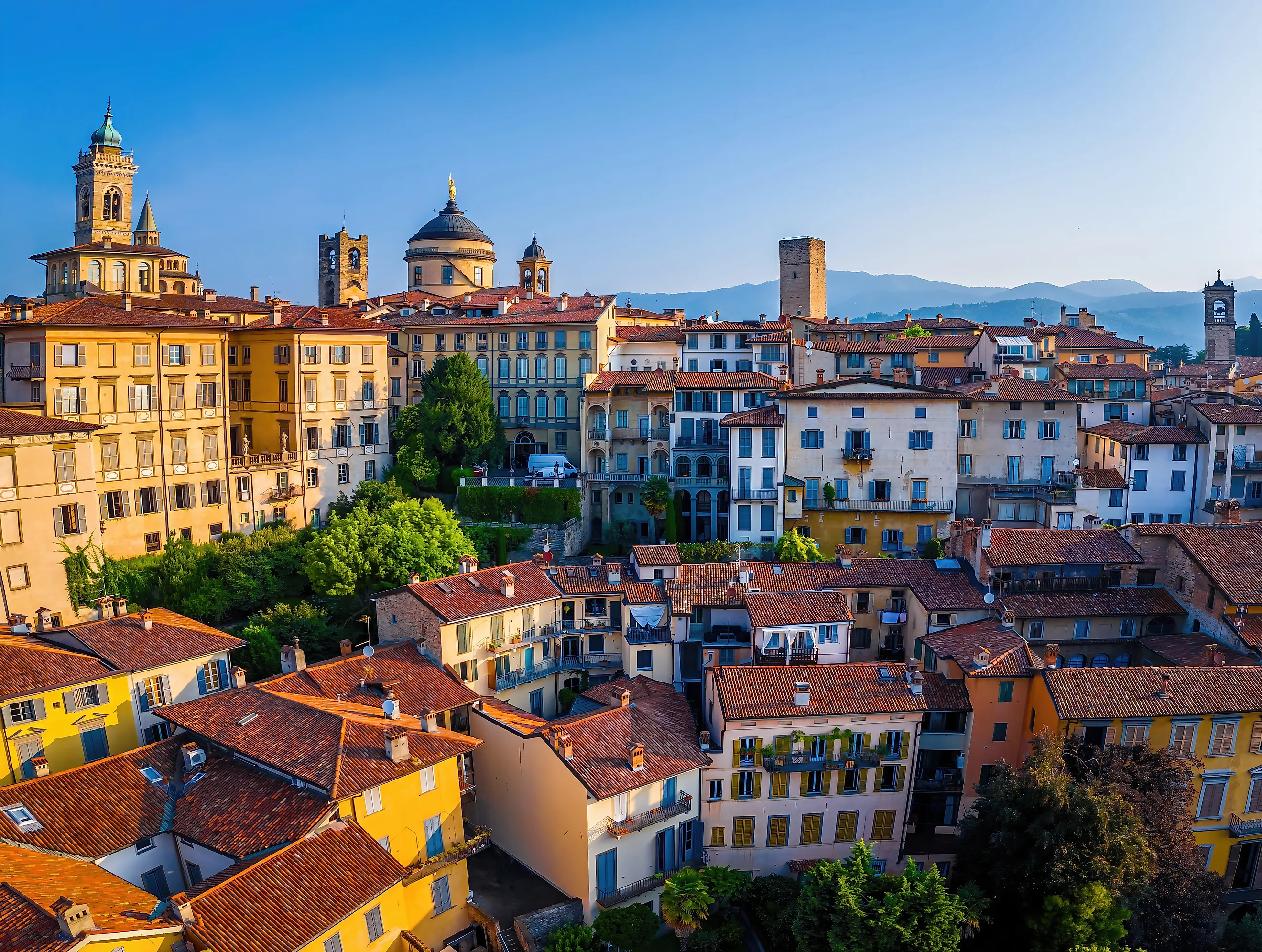 Aerial cityscape of Bergamo’s old town, Italy. 
