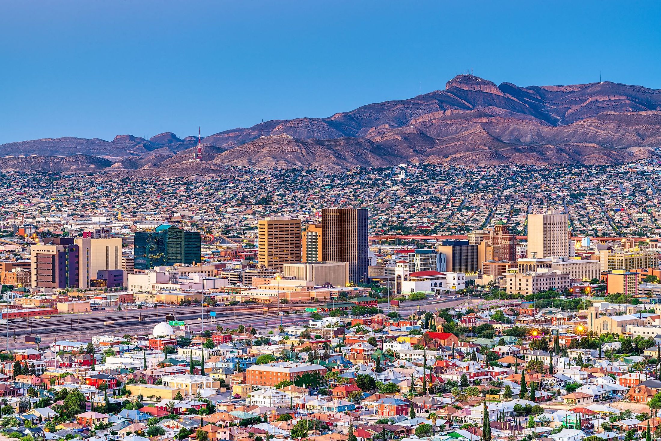 El Paso, Texas, downtown city skyline at twilight. 