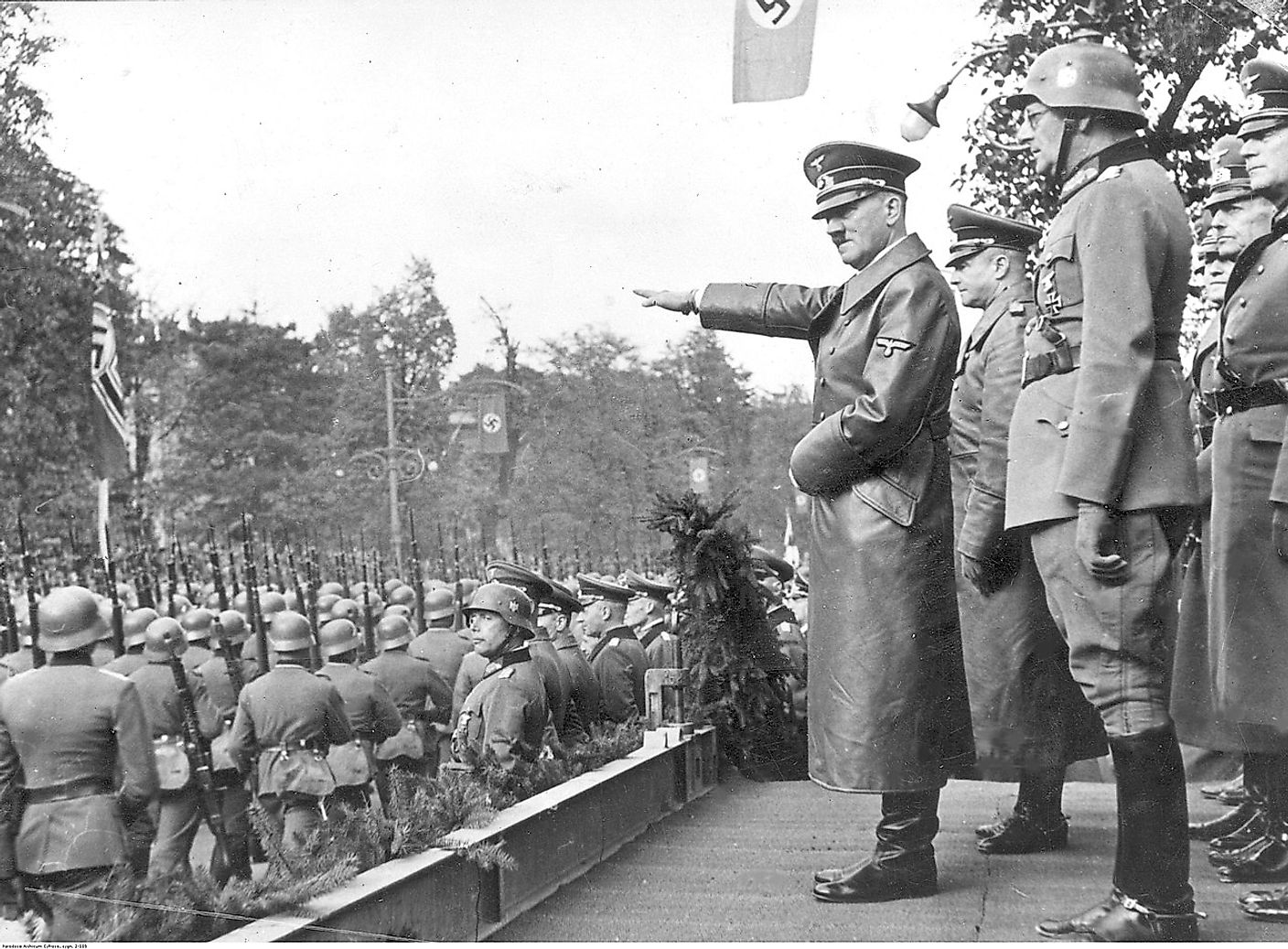 Hitler attends a Wehrmacht victory parade in Warsaw on 5 October 1939.