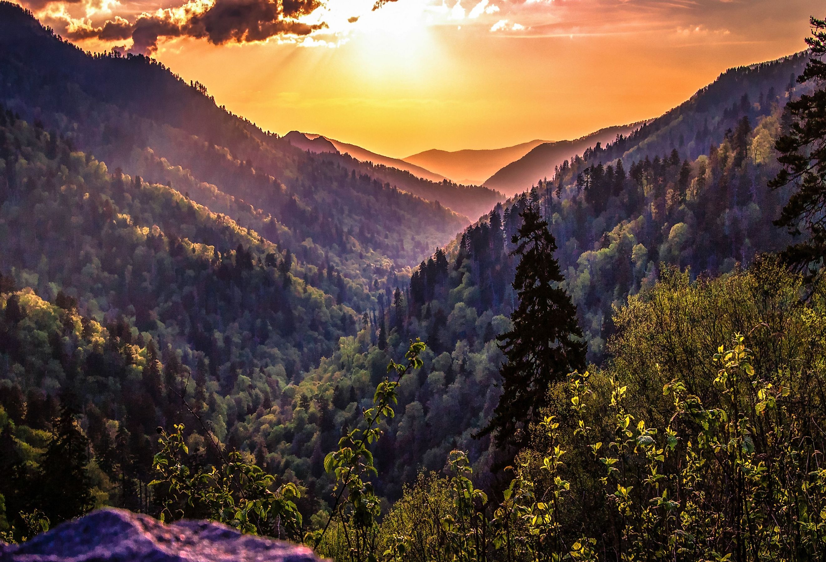 Great Smoky Mountain Sunset Landscape Panorama. Sunset horizon over the Great Smoky Mountain. Image credit erhlif via Shutterstock. 