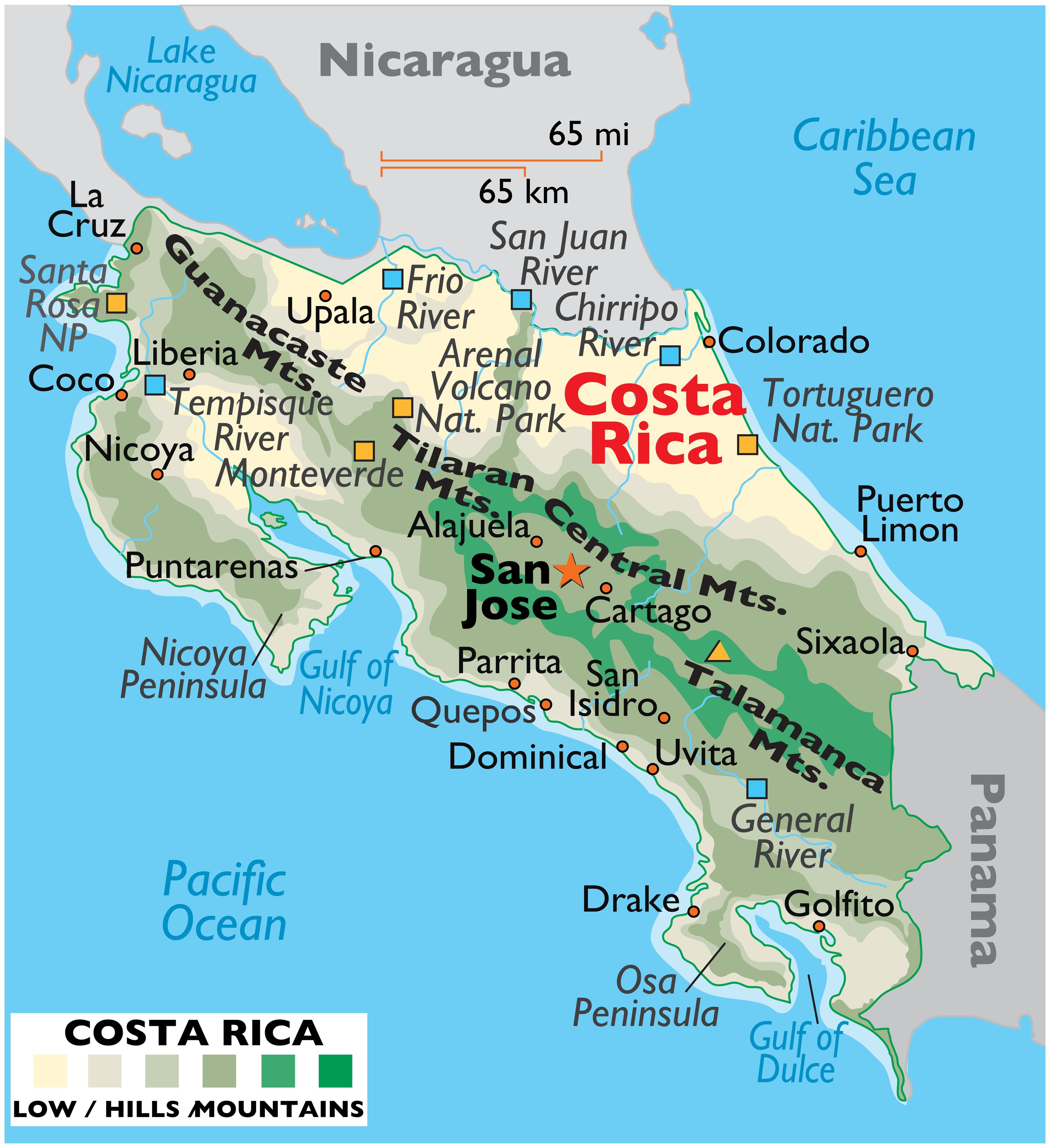 Costa Rica Physical Map With Rivers