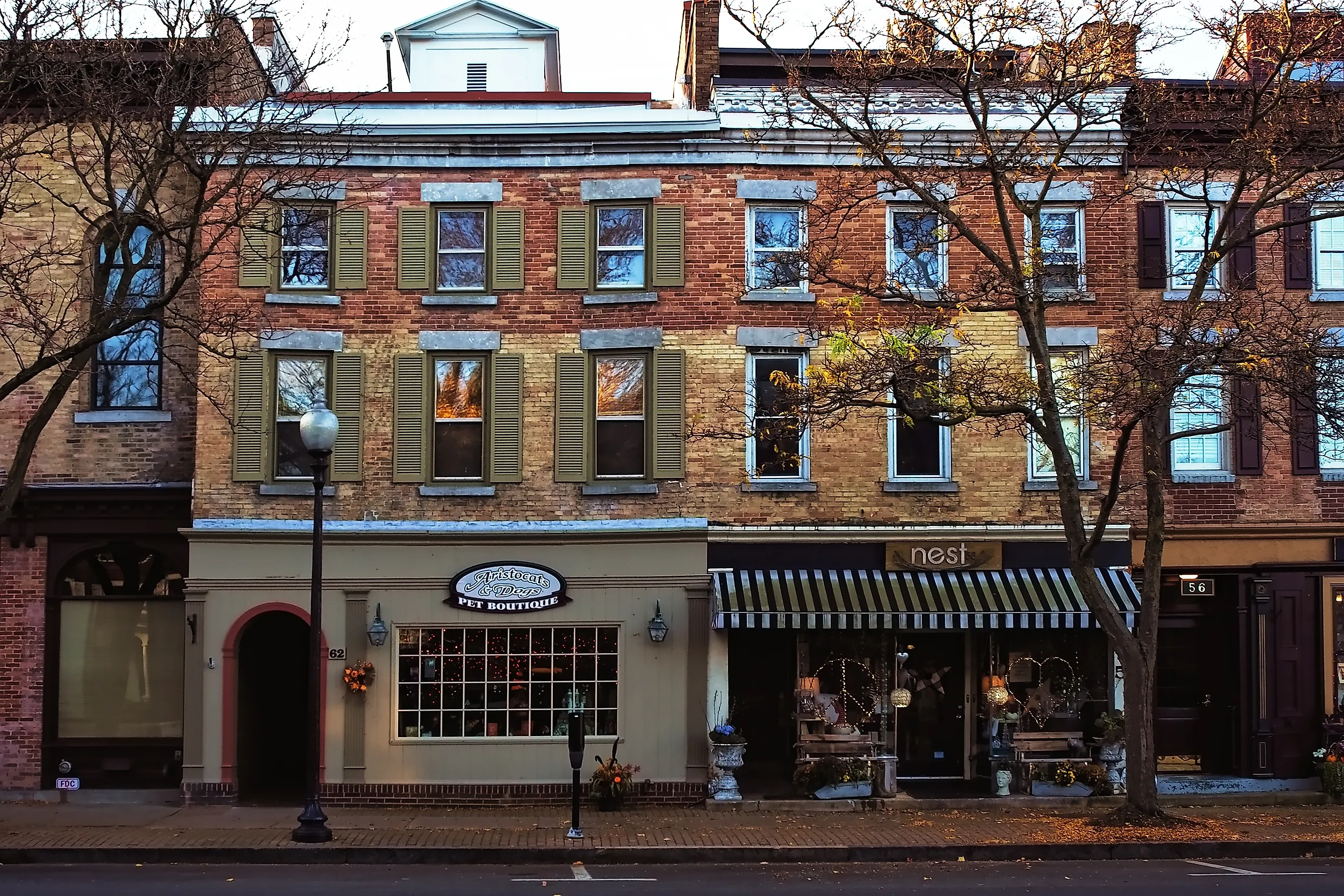 Skaneateles, New York, USA. November 4, 2022. Speciality shops along Route 20, the main street through the small , charming village of Skaneateles in upstate New York. Editorial Photo Credit: debra millet Shutterstock. 