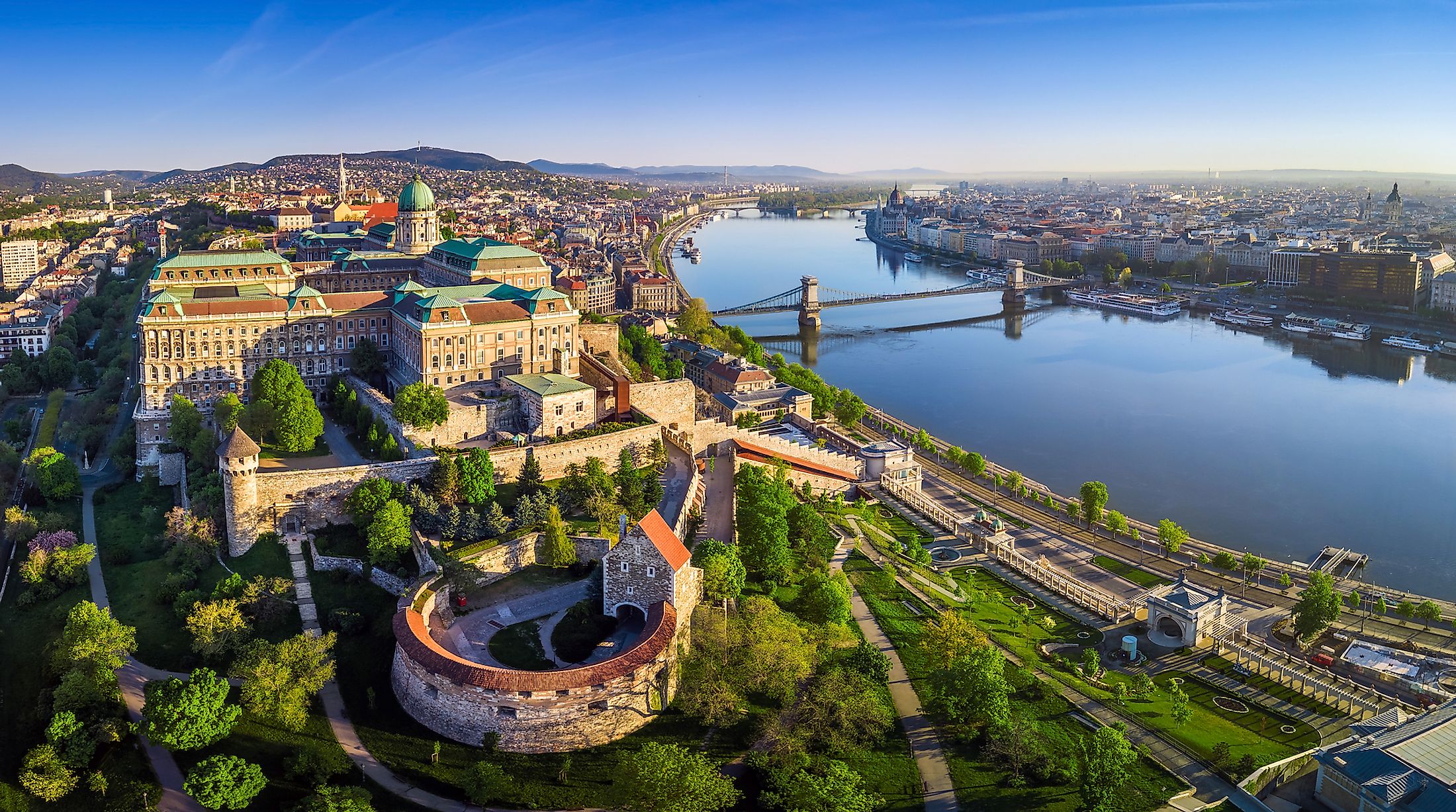 Aerial panoramic skyline view of Budapest.