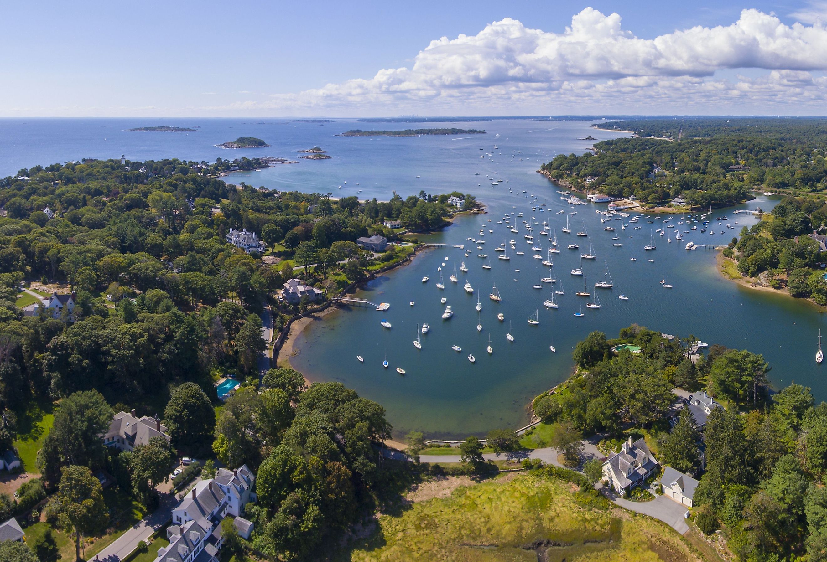 Aerial view of Manchester Marina and harbor panorama, Manchester by the sea, Cape Ann, Massachusetts