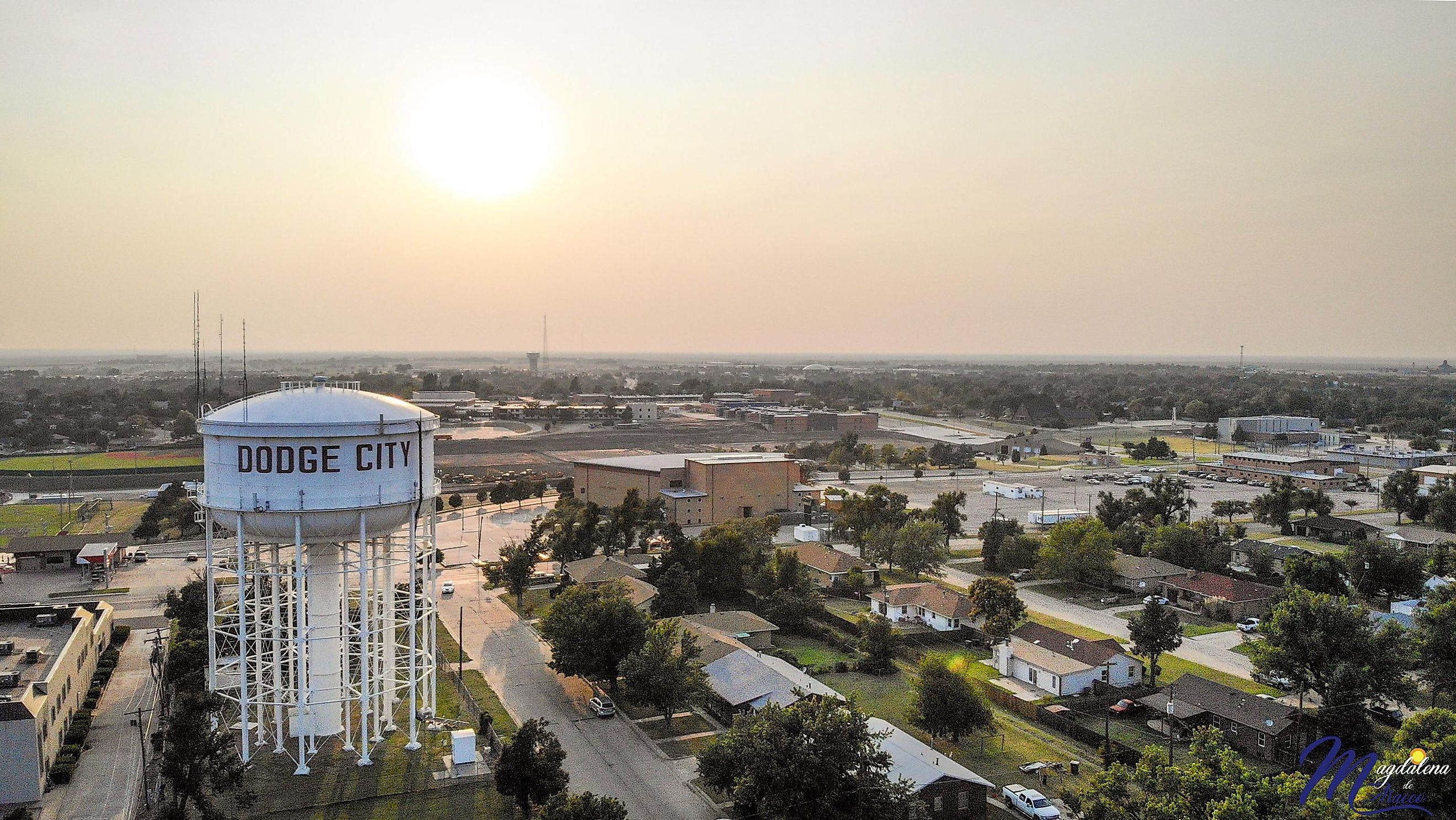 Water tower in downtown afternoon dodge city Kansas.