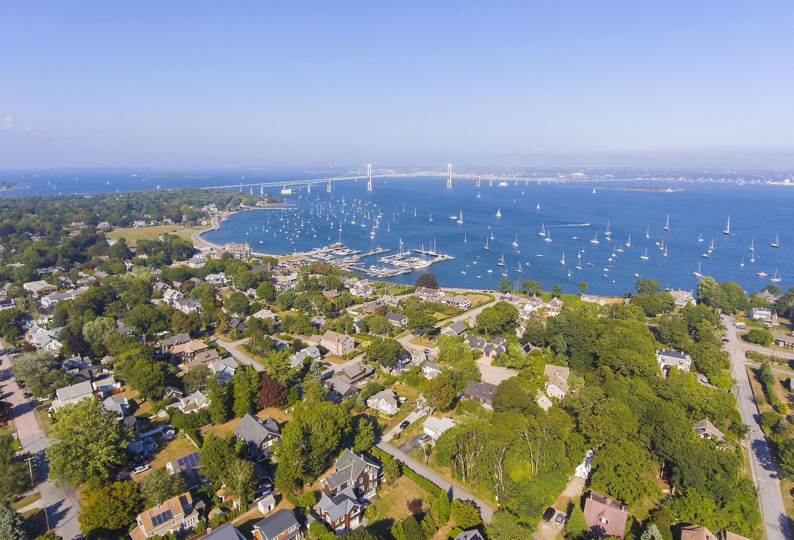Aerial view of Claiborne Pell Newport Bridge on Narragansett Bay and town of Jamestown, Rhode Island.