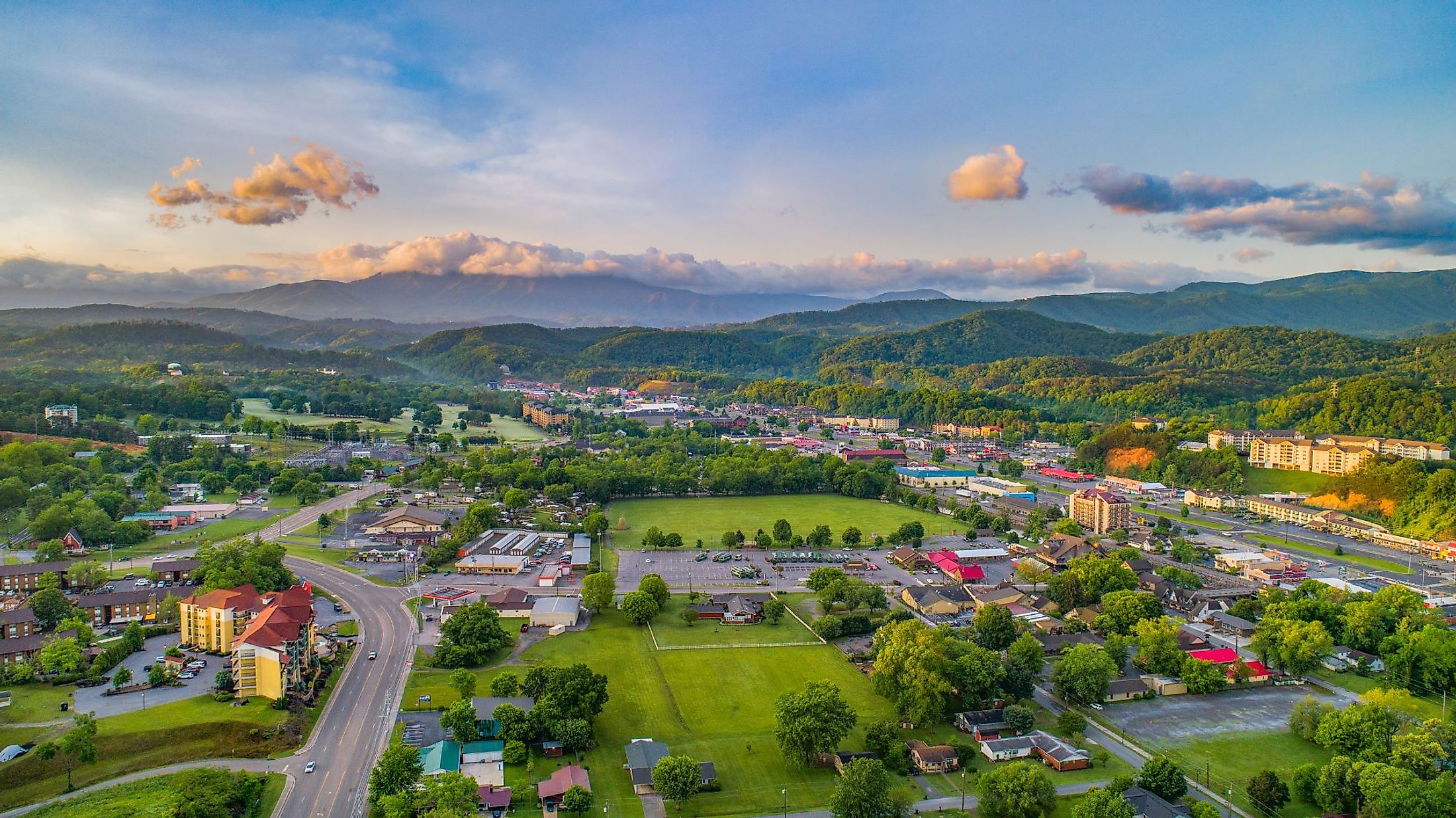 Aerial view of Pigeon Forge and Sevierville in Tennessee. 