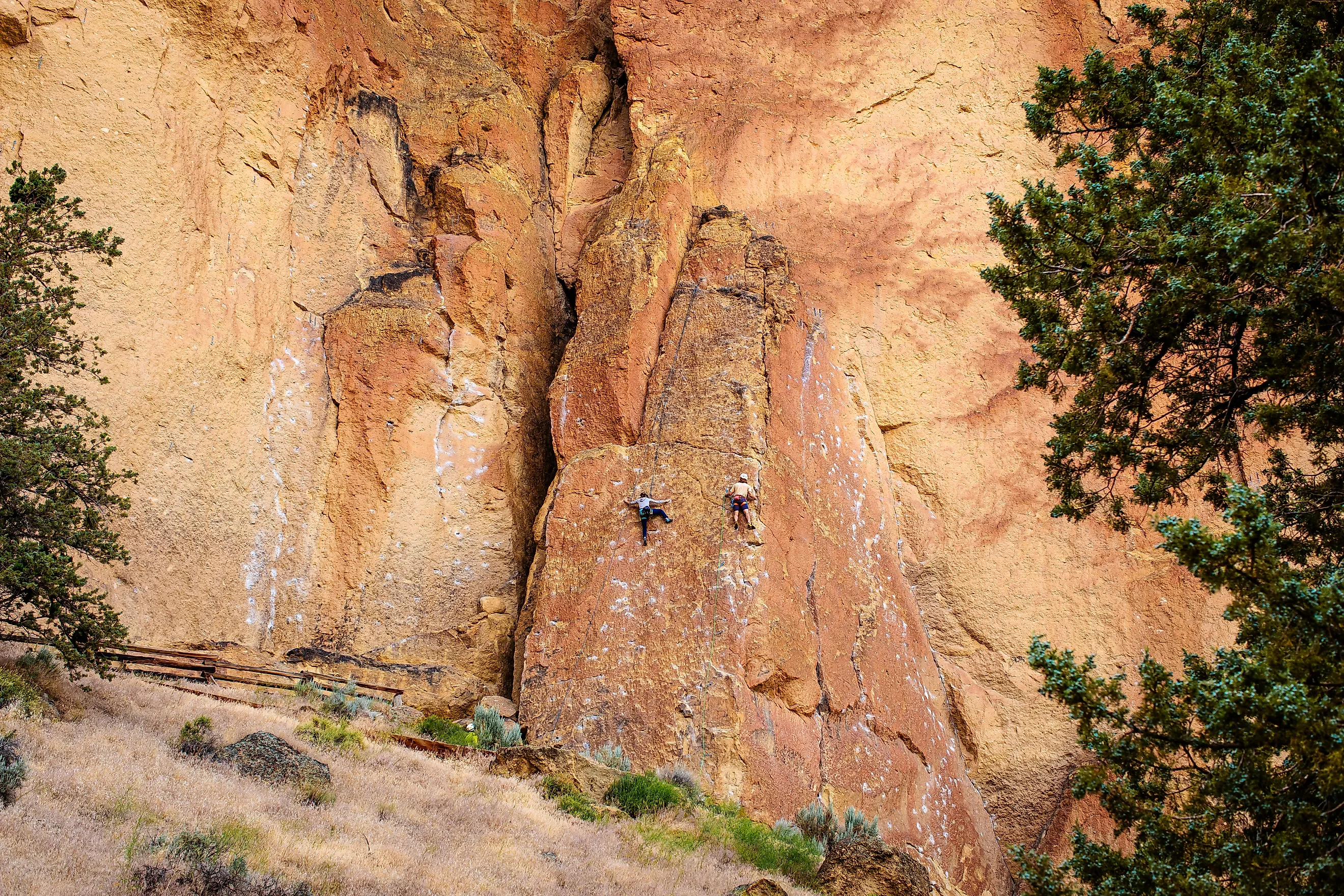 Mountain climbers climbing a wall at Smith Rock State Park, Oregon. 