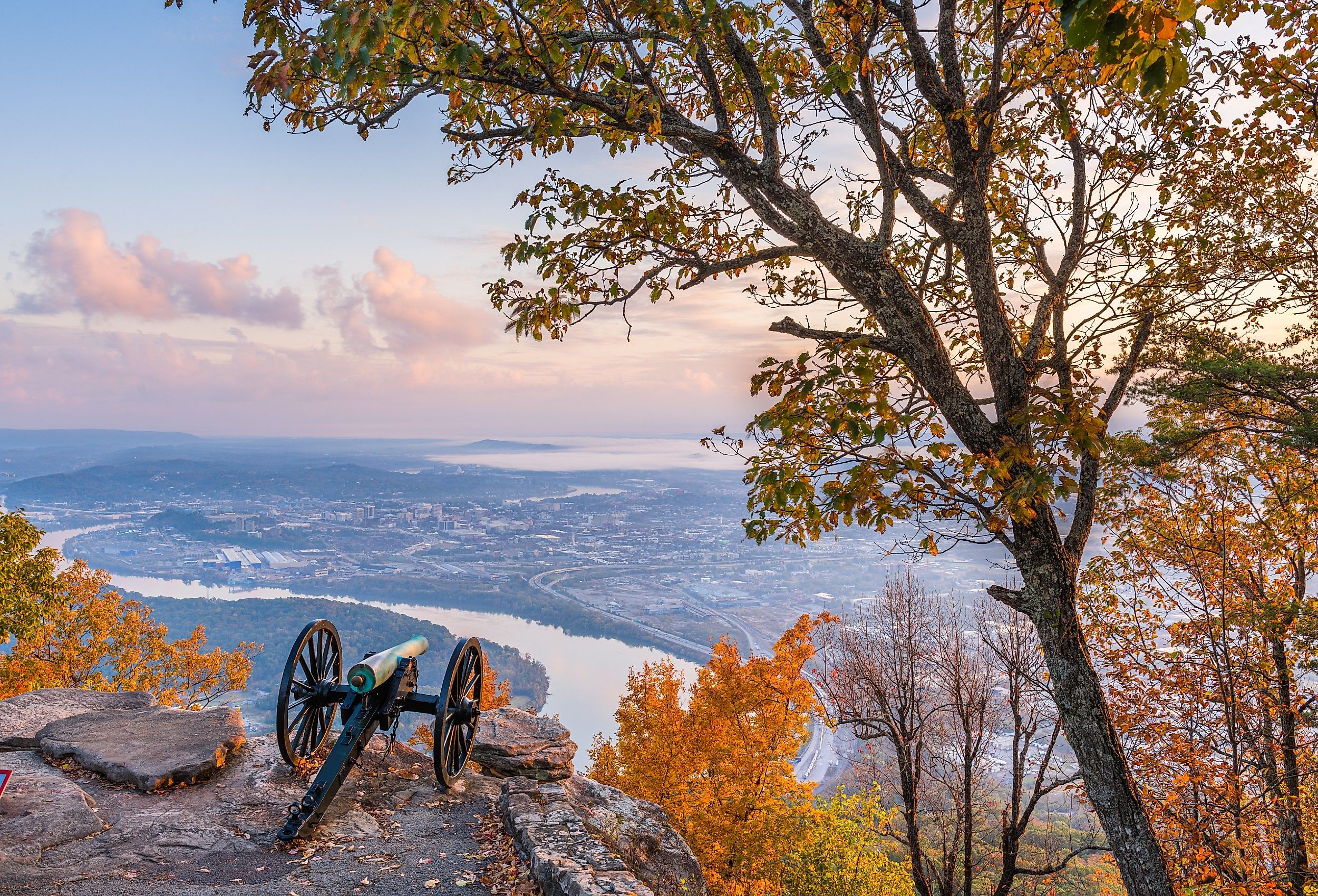 Chattanooga, Tennessee, view from Lookout Mountain at dawn in the fall.