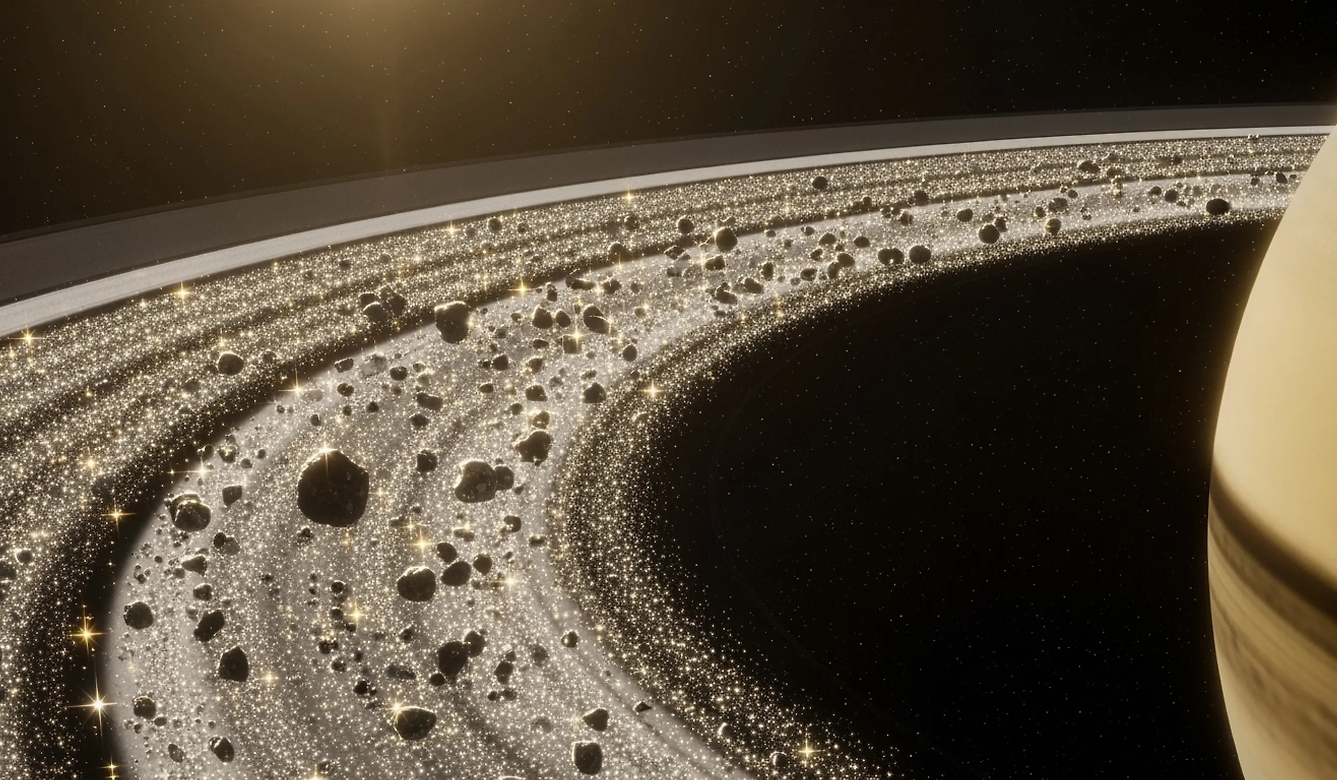A close up of Saturns rings.