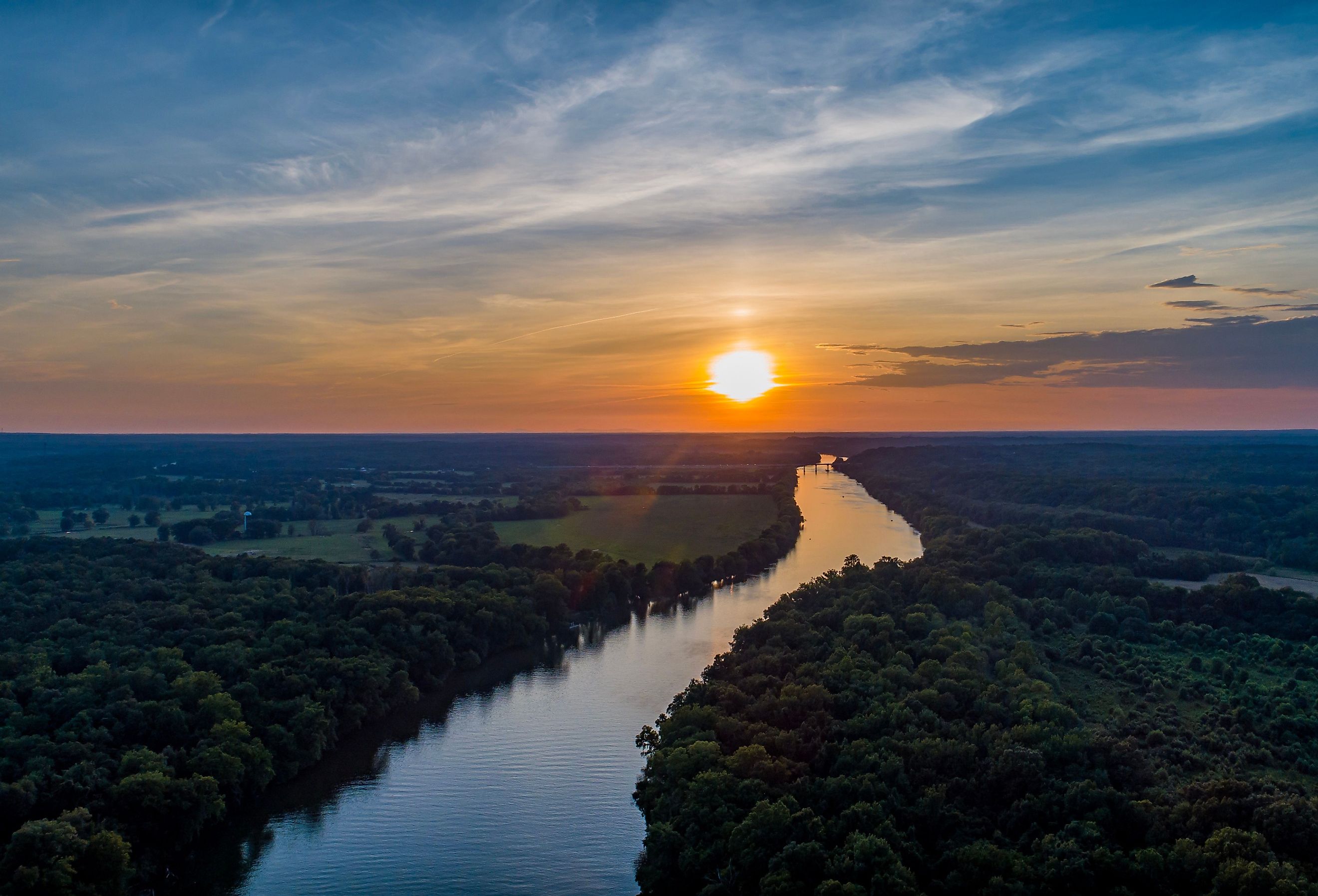 Aerial view of the James River at dusk. Image credit Francisco Sebastian Gb via Shutterstock.