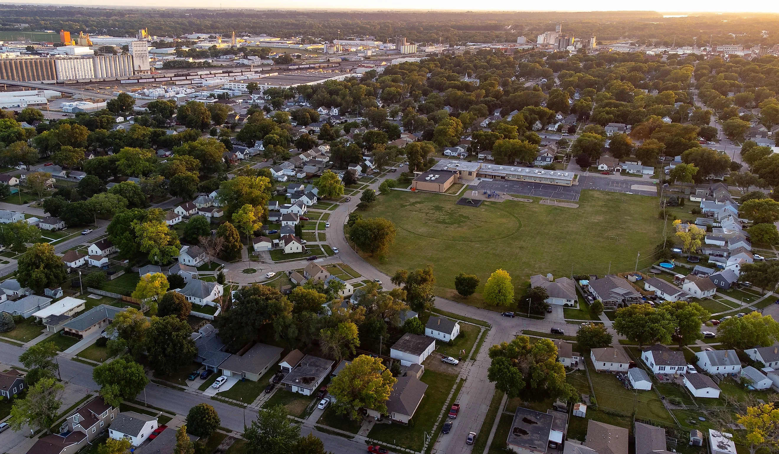 Aerial view of a sunset over Fremont, Nebraska. Editorial credit: Wirestock Creators / Shutterstock.com