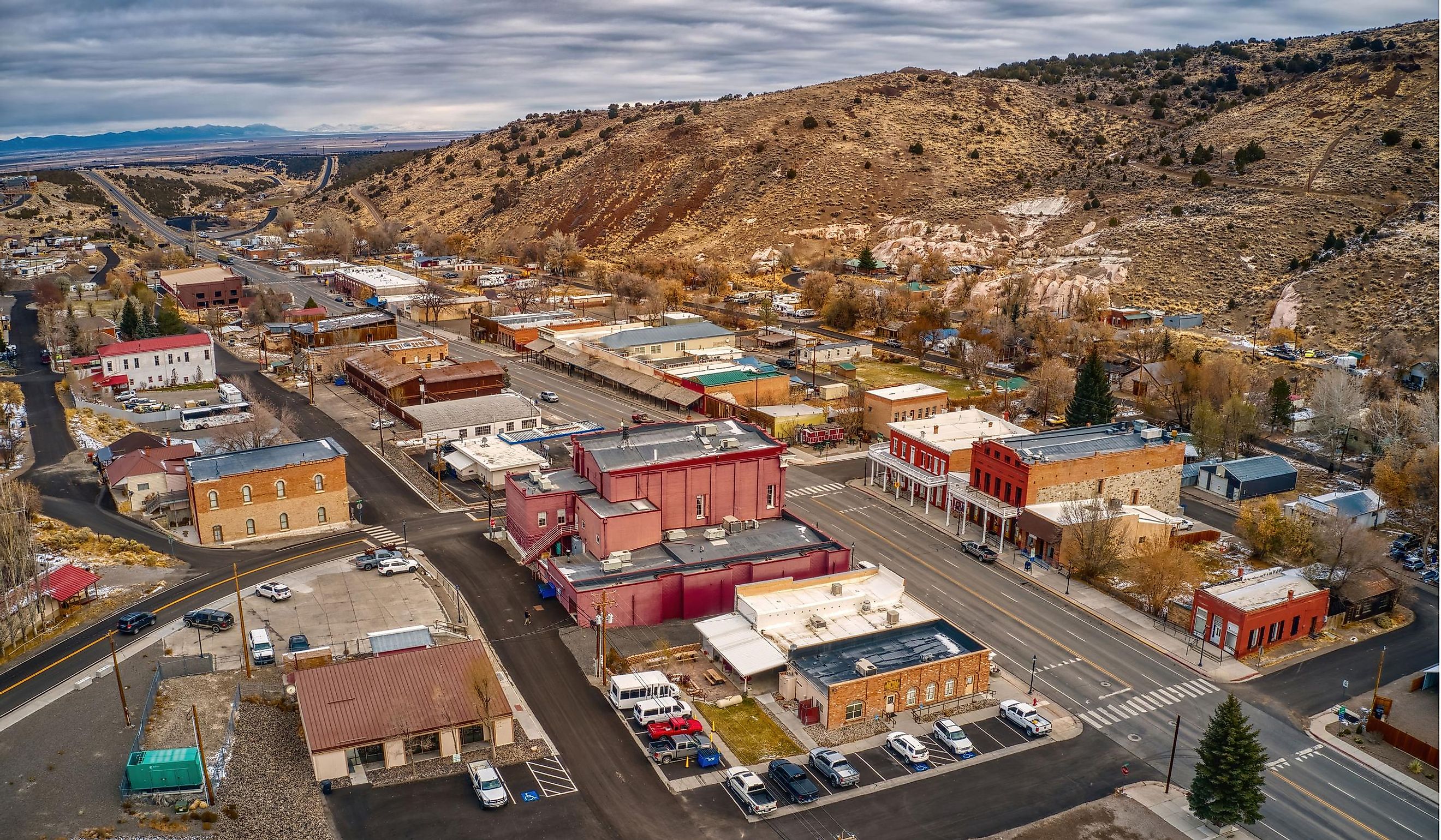 Aerial view of the tiny town of Eureka, Nevada on Highway 50.