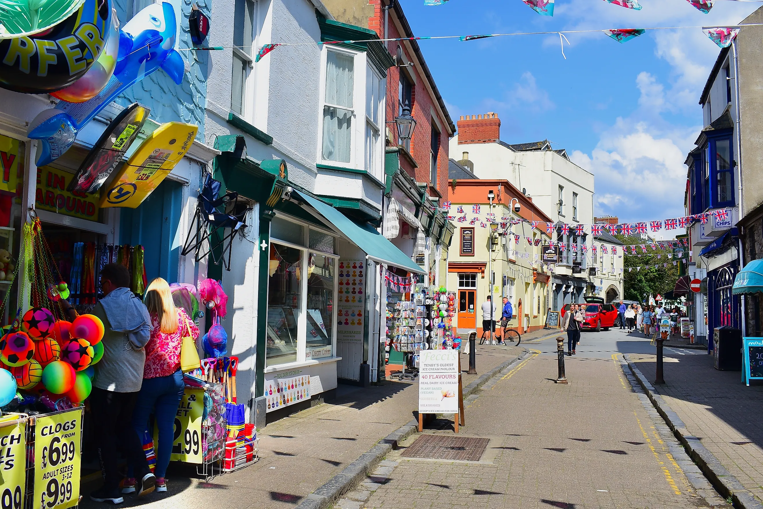 Tenby, Pembrokeshire, Wales: The view of St George's Street taken from just inside the Arches gateway.