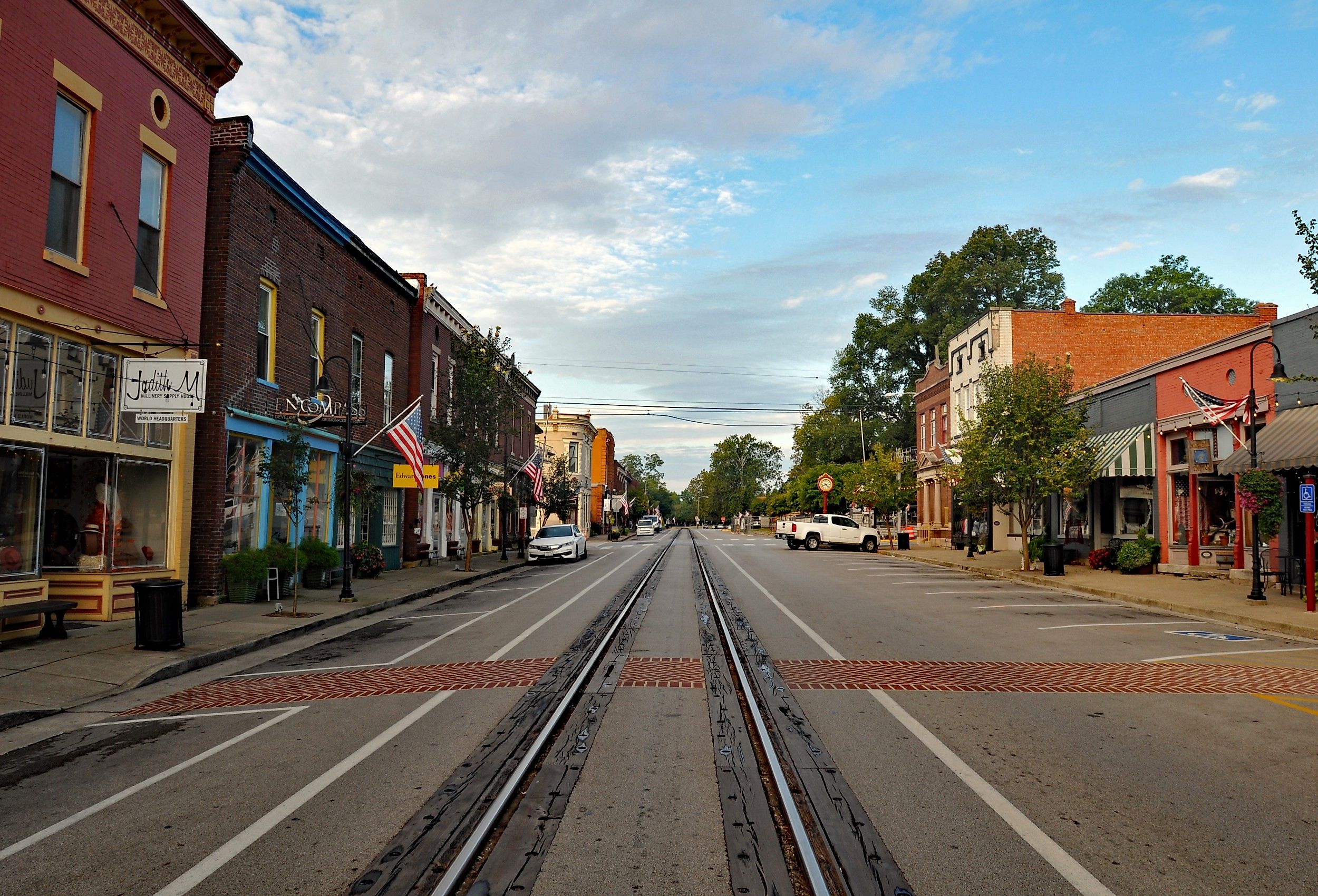 A mainline CSX train track runs down the middle of Main Street in historic La Grange, Kentucky. Editorial credit: BD Images / Shutterstock.com