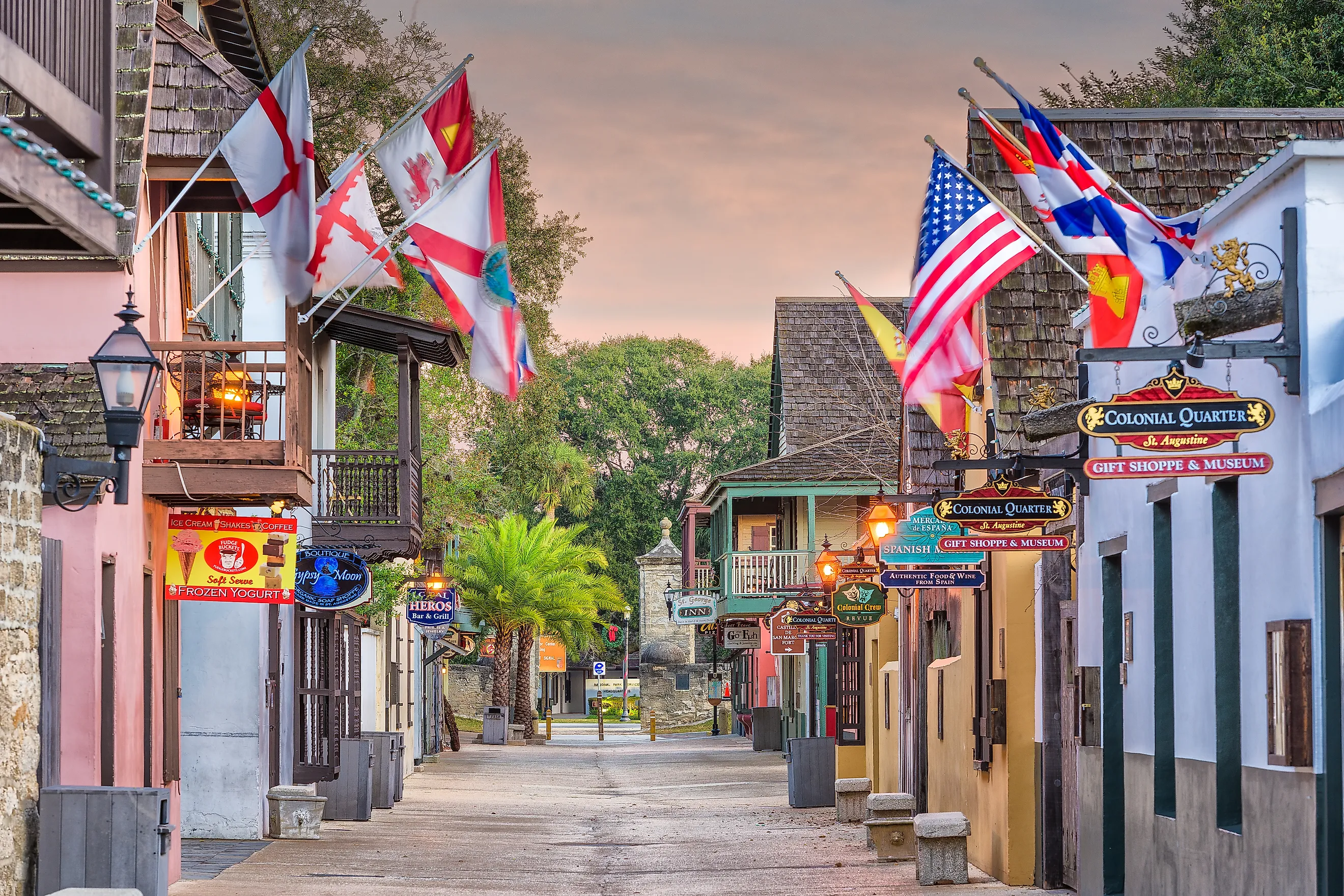 Shops and inns line St. George Street in St. Augustine, Florida. Image: Sean Pavone / Shutterstock