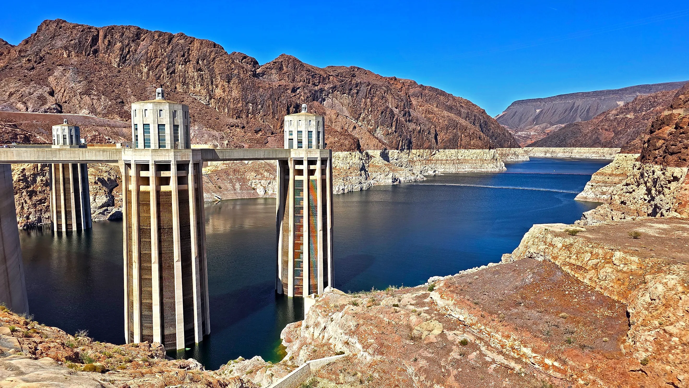 Hoover Dam intake towers above Lake Mead.