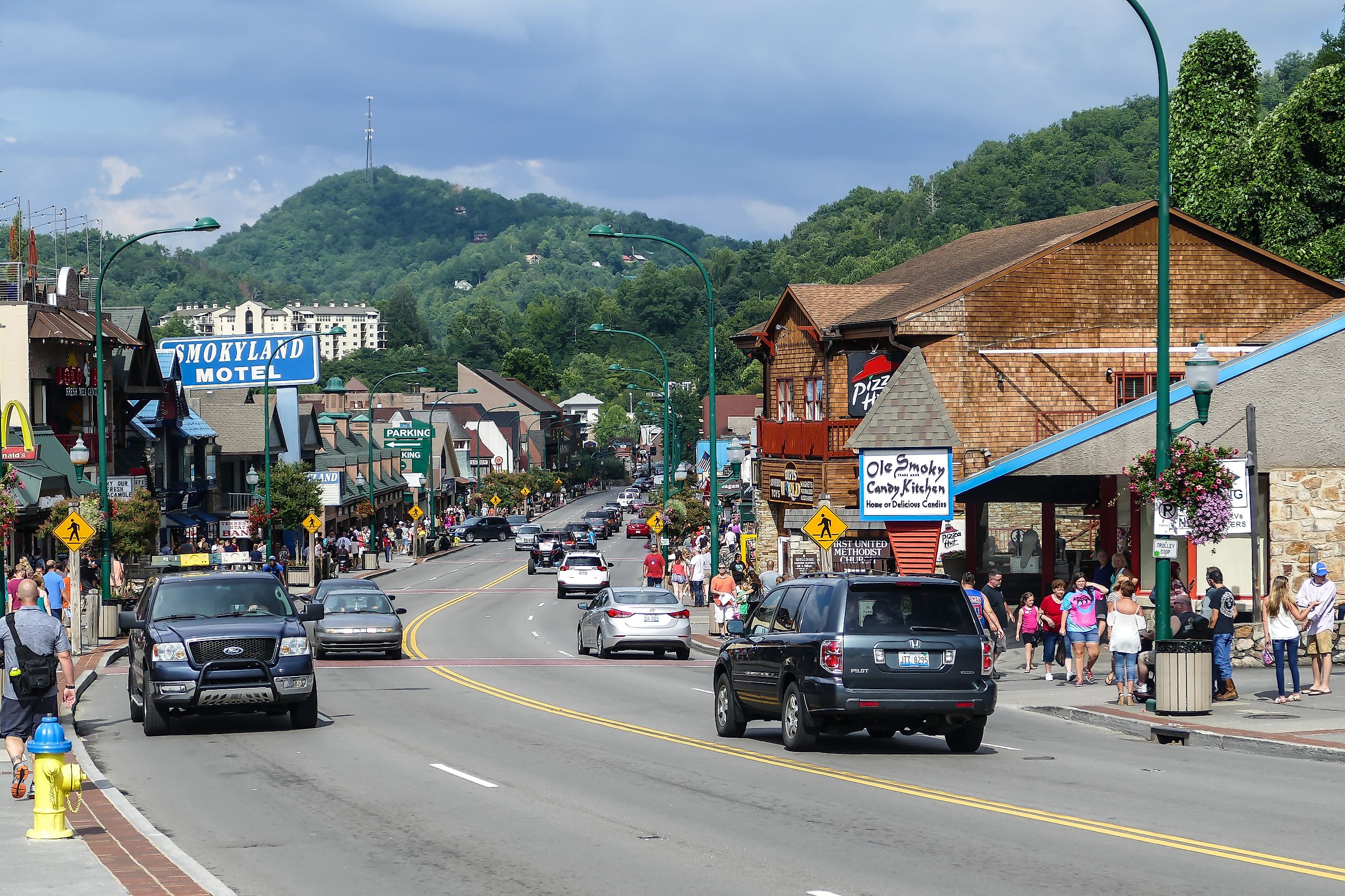 busy street in Summer time with tourist and cars in gatlinburg tennessee
