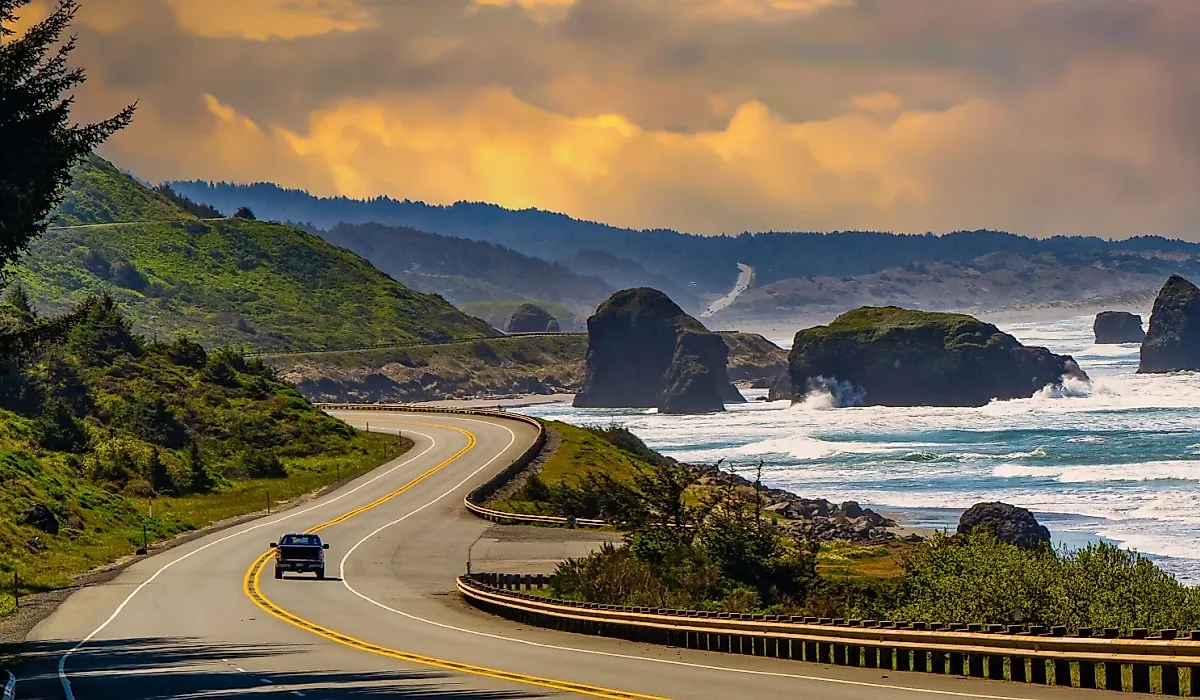 US Highway 101 and ocean sea stacks near the town of Gold Beach on the Oregon coast