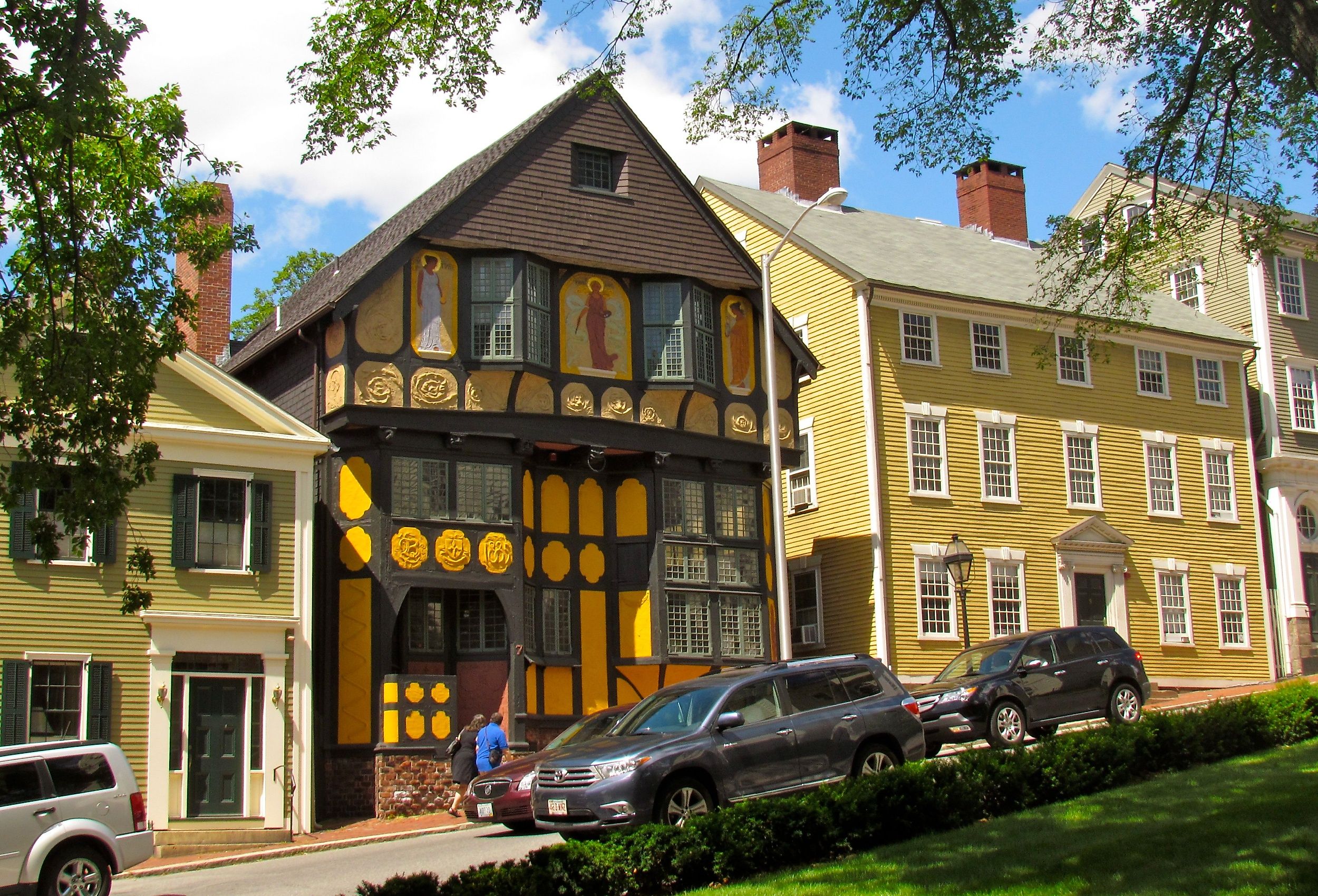 View of the Fleur-de-Lys studios and historic architecture along Thomas Street in College Hill