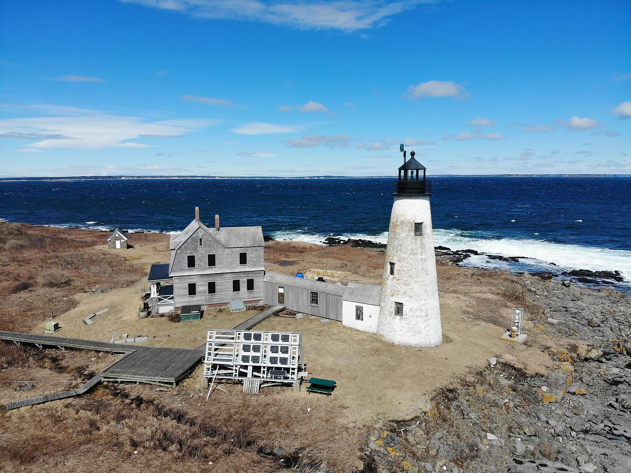 Aerial drone views of Wood Island Lighthouse on Wood Island in Biddeford, Maine.