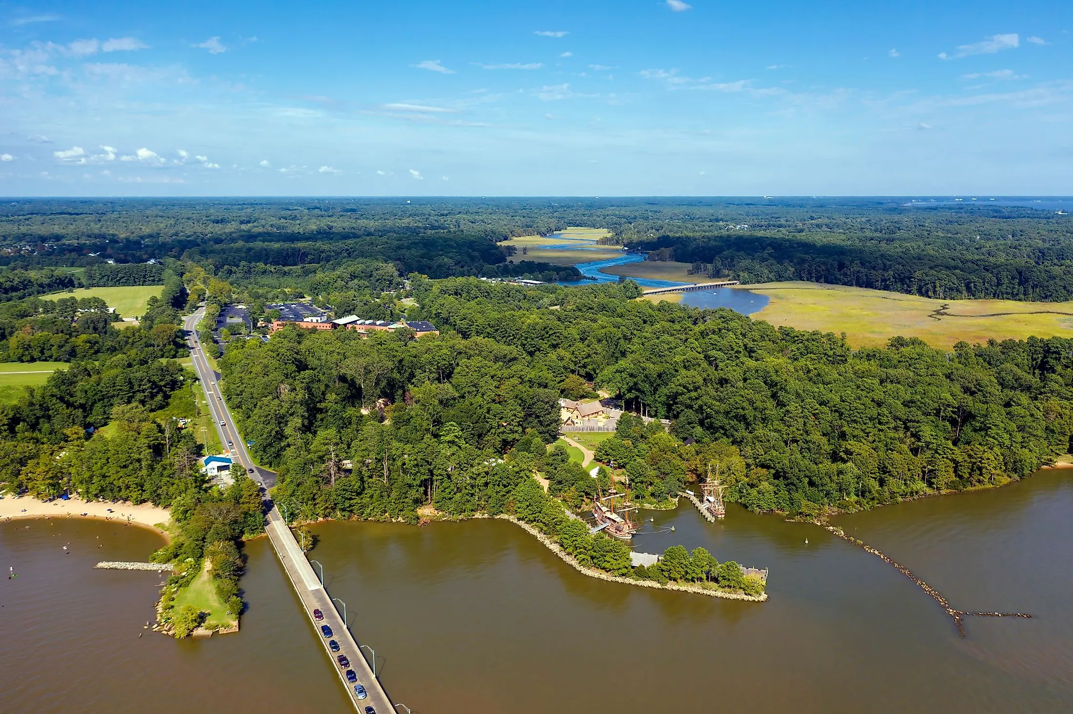 Aerial view of a historic area in Jamestown, Virginia. 