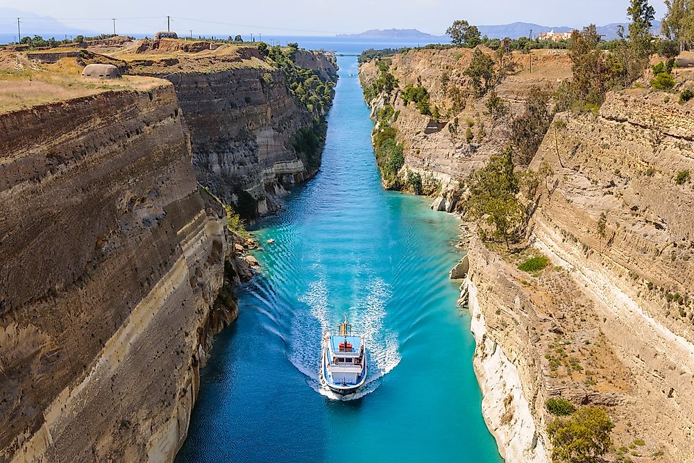 A ship passing through the Corinth Canal.