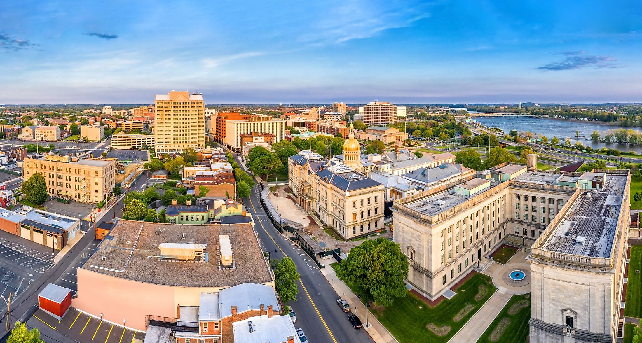 Aerial panorama of Trenton, New Jersey, skyline on late sunny afternoon. 